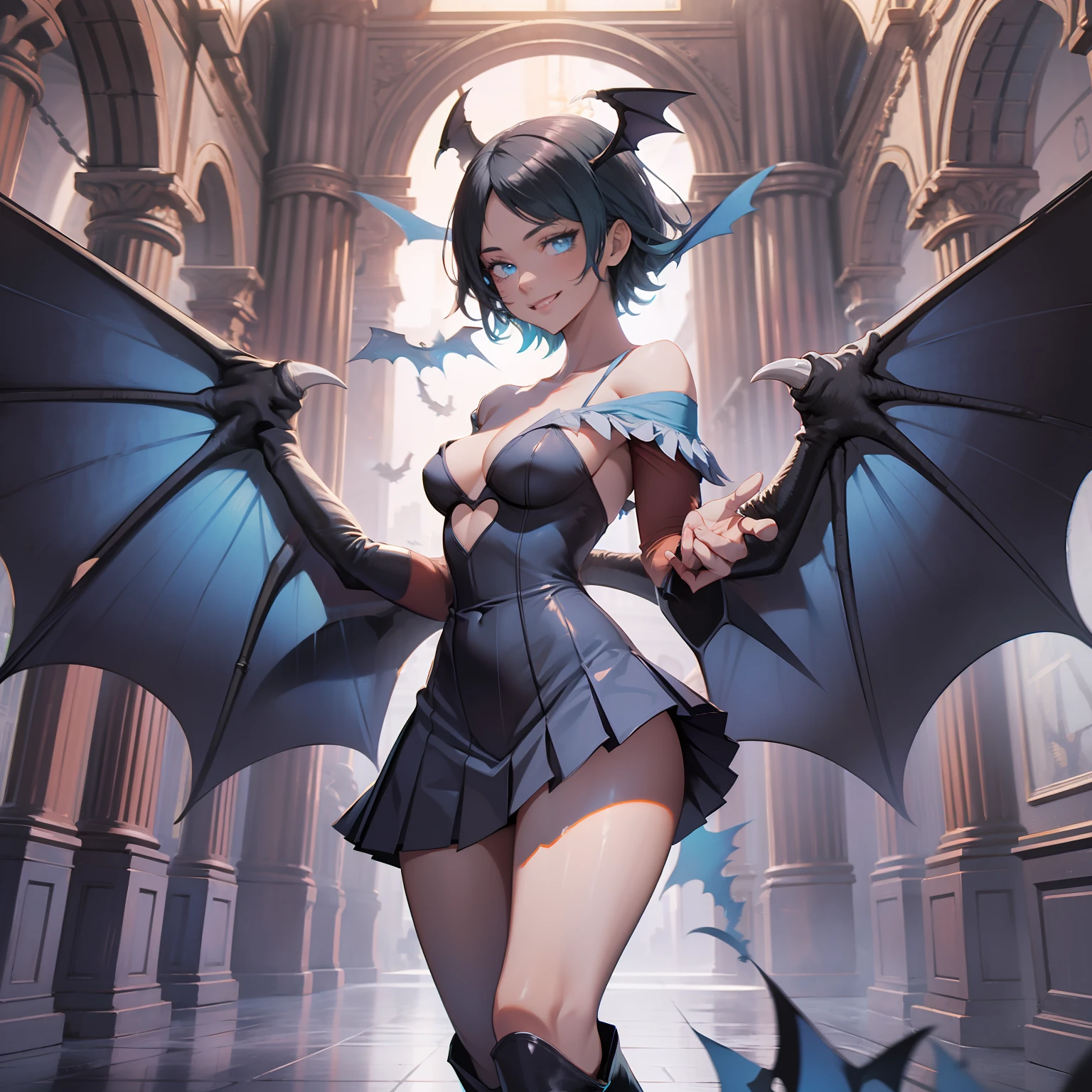 masterpiece, best quality, hi-res, 1girl, standing, blue shirt, bat wings, black hair,short hair,blue eyes,evil smile,evil smile,light blue pleated mini skirt,black boots