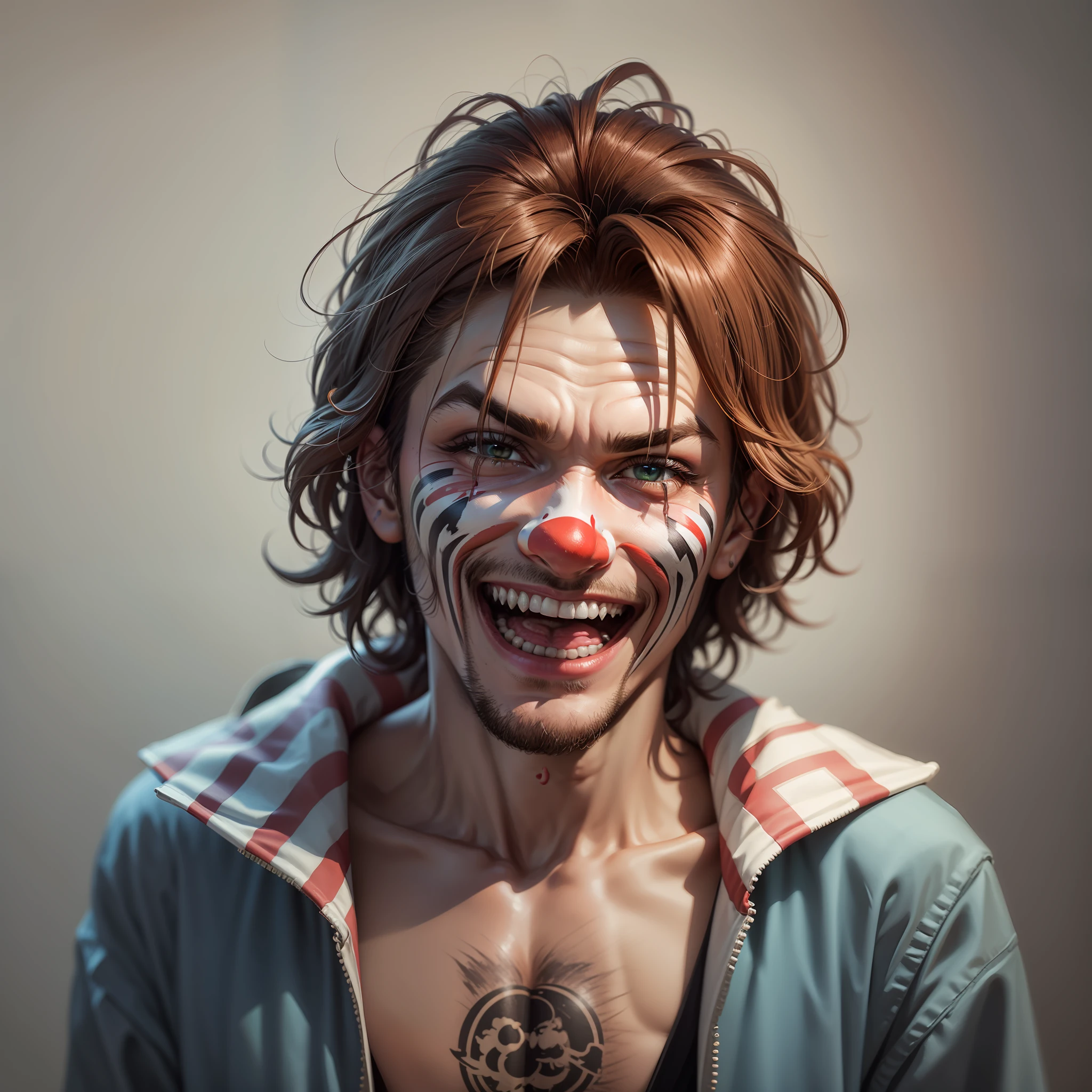 Clown bandit, crazy laugh, psychopath, bounty hunter, shirtless, 8k uhd, dslr, high quality, grain film, Fujifilm XT3