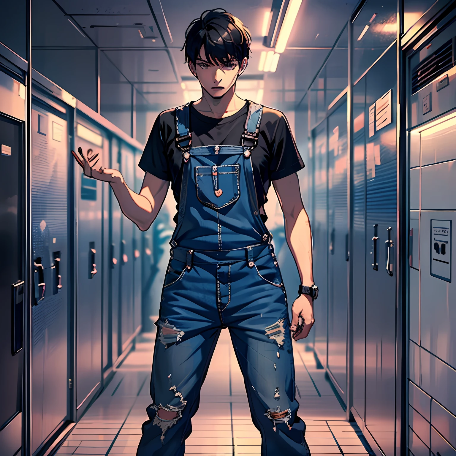 there is a man standing in a hallway with a gun, standing in a server room, full body portrait of a short!, in cyberpunk style, anime style mixed with fujifilm, full body picture, wearing cyberpunk streetwear, high quality fanart, !!full body portrait!!, handsome anime pose, anime full body illustration, male anime style, full portrait of electromancer