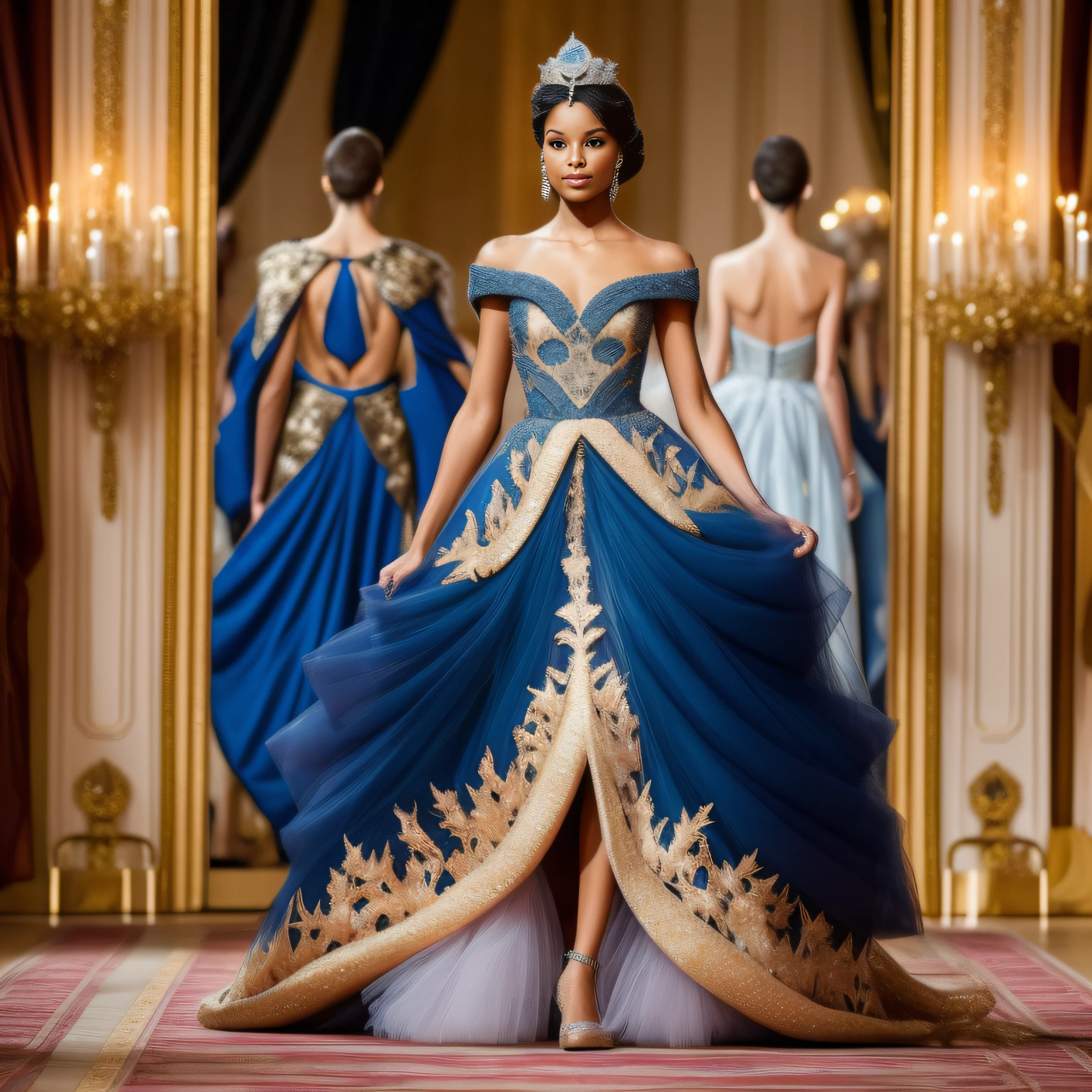 beautiful hispanic woman in a blue and gold haute couture dress with no sleeves and tulle skirt with ruffles walking on the runway , ((a beautiful fantasy empress)), beautiful female princess, royal elegant pose, royal dress, ornate royal gown, beautiful princess, royal gown, princess portrait,