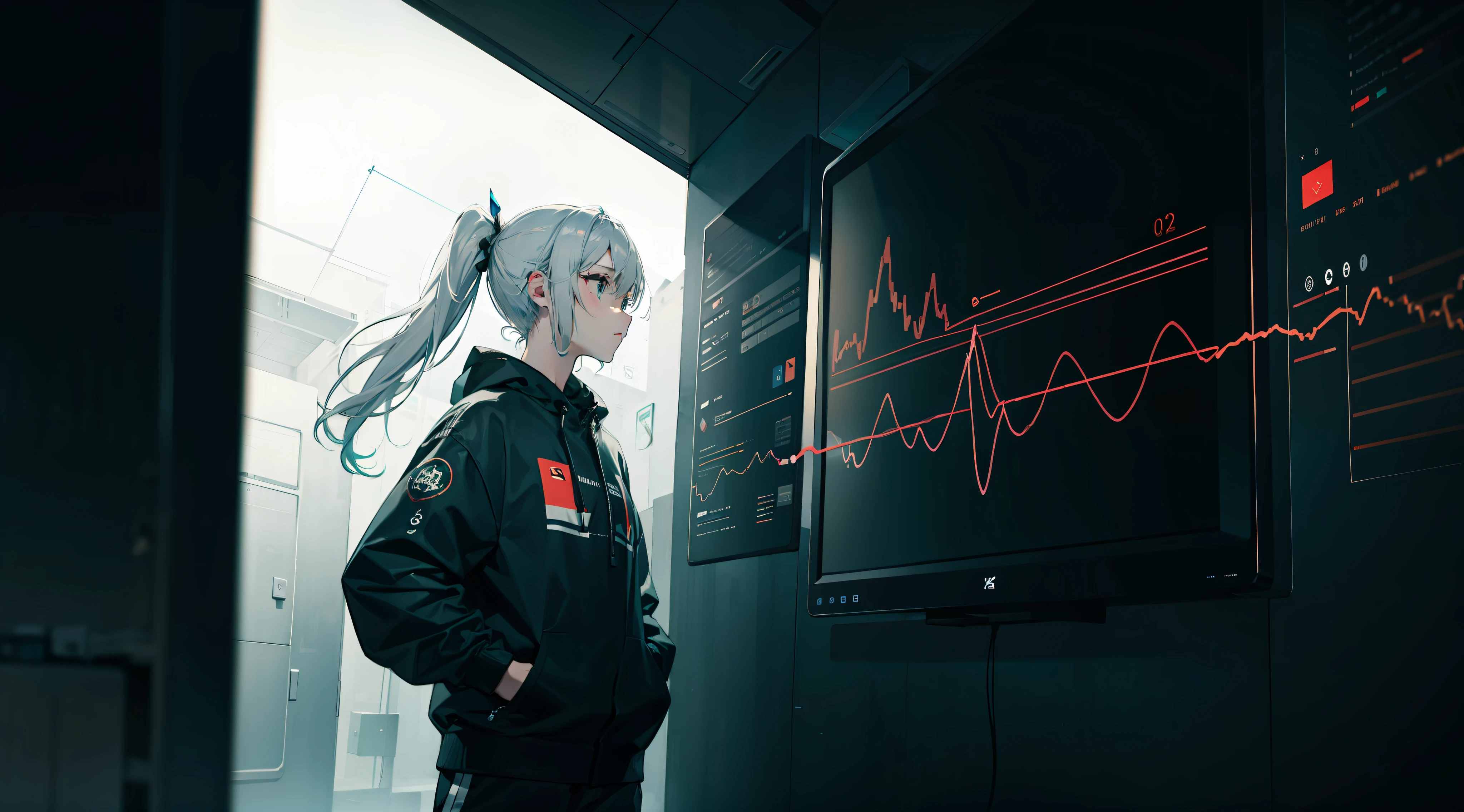 Wallpaper, 8k, rich details, ((masterpiece)), ((master work)), ((abstract)), (electrocardiogram), green lines, (1girl:-1), white ponytail, (girl on the right side of the screen), (hands in pockets)), quadratic, plain clothing, floating simple geometric figures, (tech: 0.2), loneliness
