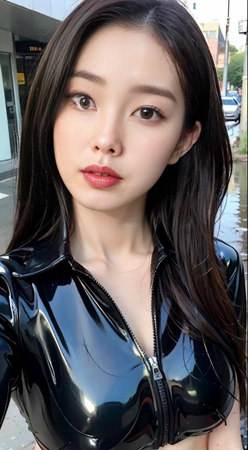 ((Best Quality, 8K, Masterpiece: 1.3)), Sharp Focus: 1.2, Beautiful Women with Perfect Bodies: 1.4, Slim Abdomen: 1.2, (Latex Shirt 1.2)), (No Bra), (Tight and Skin-Tight Latex Shirt: 1.3), (Rain-Wet Transparent Latex Shirt: 1.4), (Rain, Street: 1.2), Wet Body: 1.1, Highly detailed face and skin texture, detailed eyes, double eyelids, Red gloss slip: 1.1, K-pop idol, cute, 16 years old