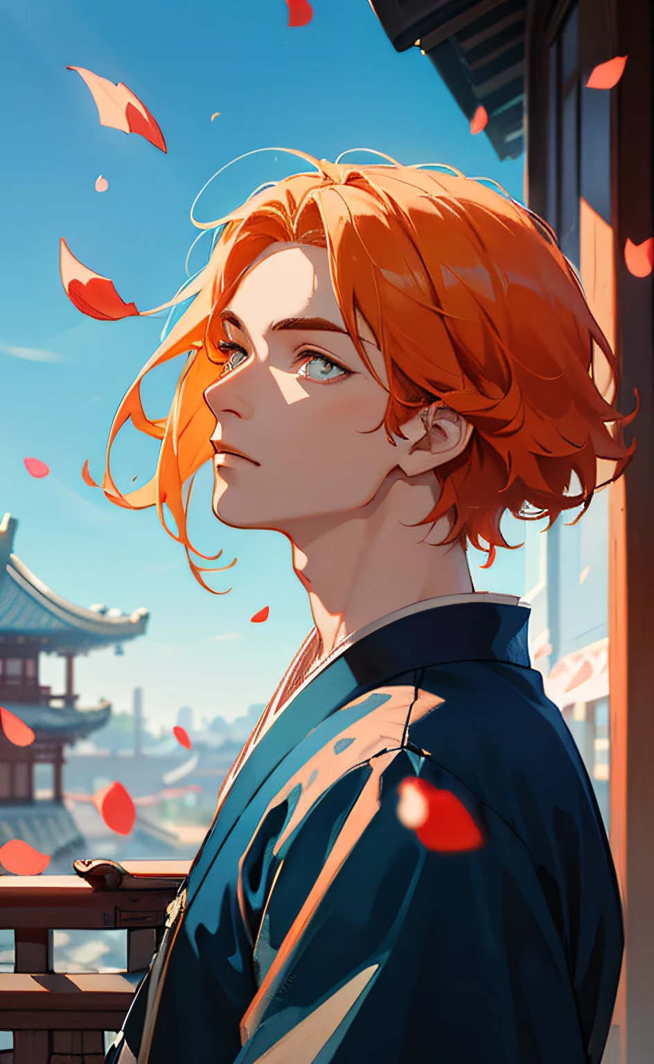 Mature boy, blue and white pupils, orange hair color, delicate and flexible eyes, intricate brocade hanfu, gorgeous accessories, fov, f/1.8, masterpiece, ancient Chinese style architecture, blue sky, flower petals flying, front portrait shot, side light, sunlight on people, 8K