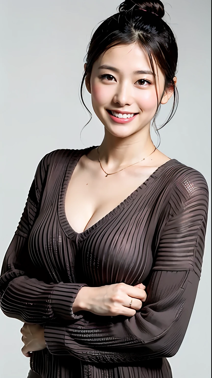 (Best Quality, 8k, 32k, Masterpiece, UHD: 1.2), Cute Japan Woman Pictures, Big Breasts, Full Body, (Sweater) Necklace, Simple Background, Look Around, Smiling
