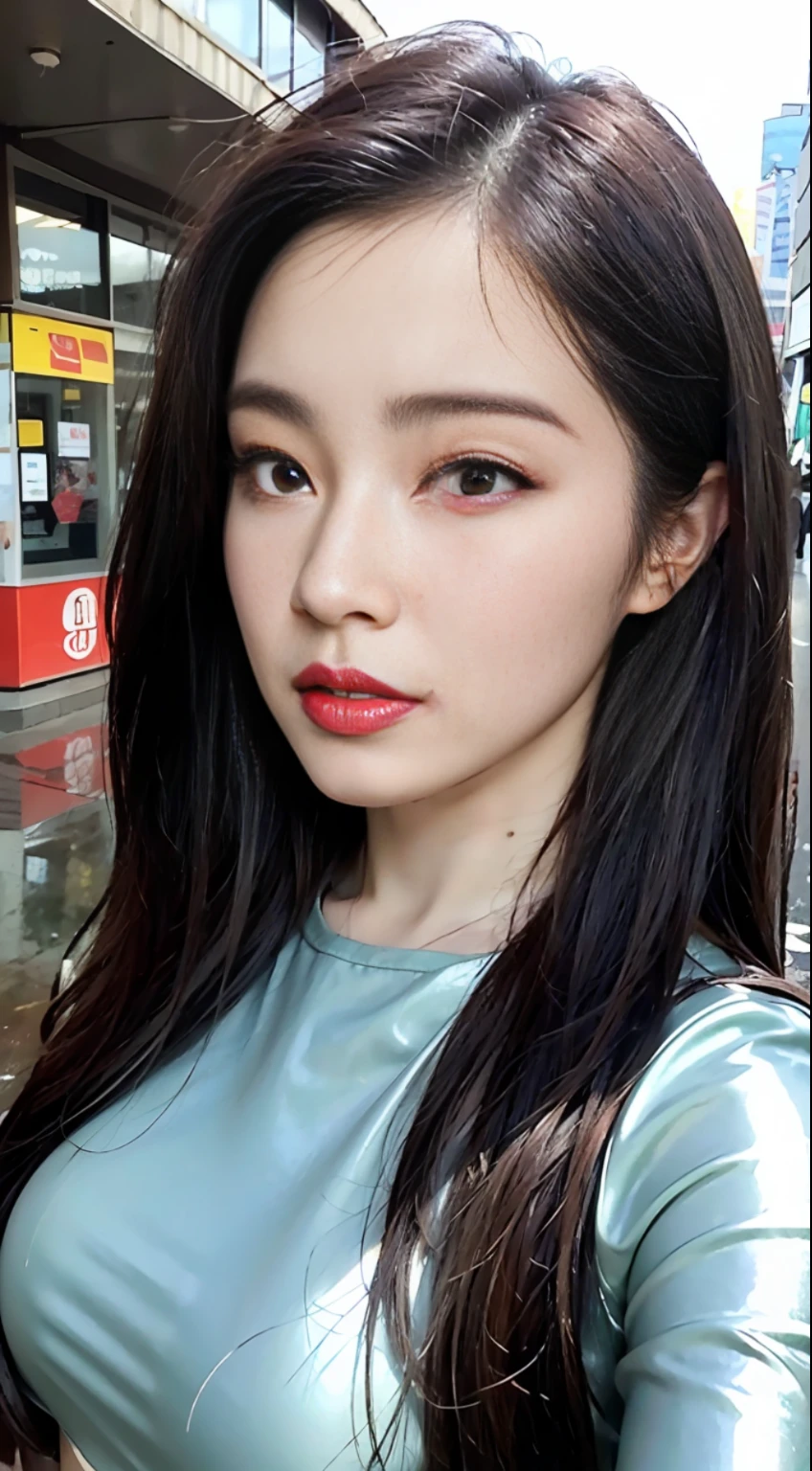 ((Best Quality, 8K, Masterpiece: 1.3)), Sharp Focus: 1.2, Beautiful Women with Perfect Bodies: 1.4, Slim Abdomen: 1.2, (Latex Shirt 1.2)), (No Bra), (Tight and Skin-Tight Latex Shirt: 1.3), (Rain-Wet Transparent Latex Shirt: 1.4), (Rain, Street: 1.2), Wet Body: 1.1, Highly detailed face and skin texture, detailed eyes, double eyelids, Red gloss slip: 1.1, K-pop idol, cute, 16 years old
