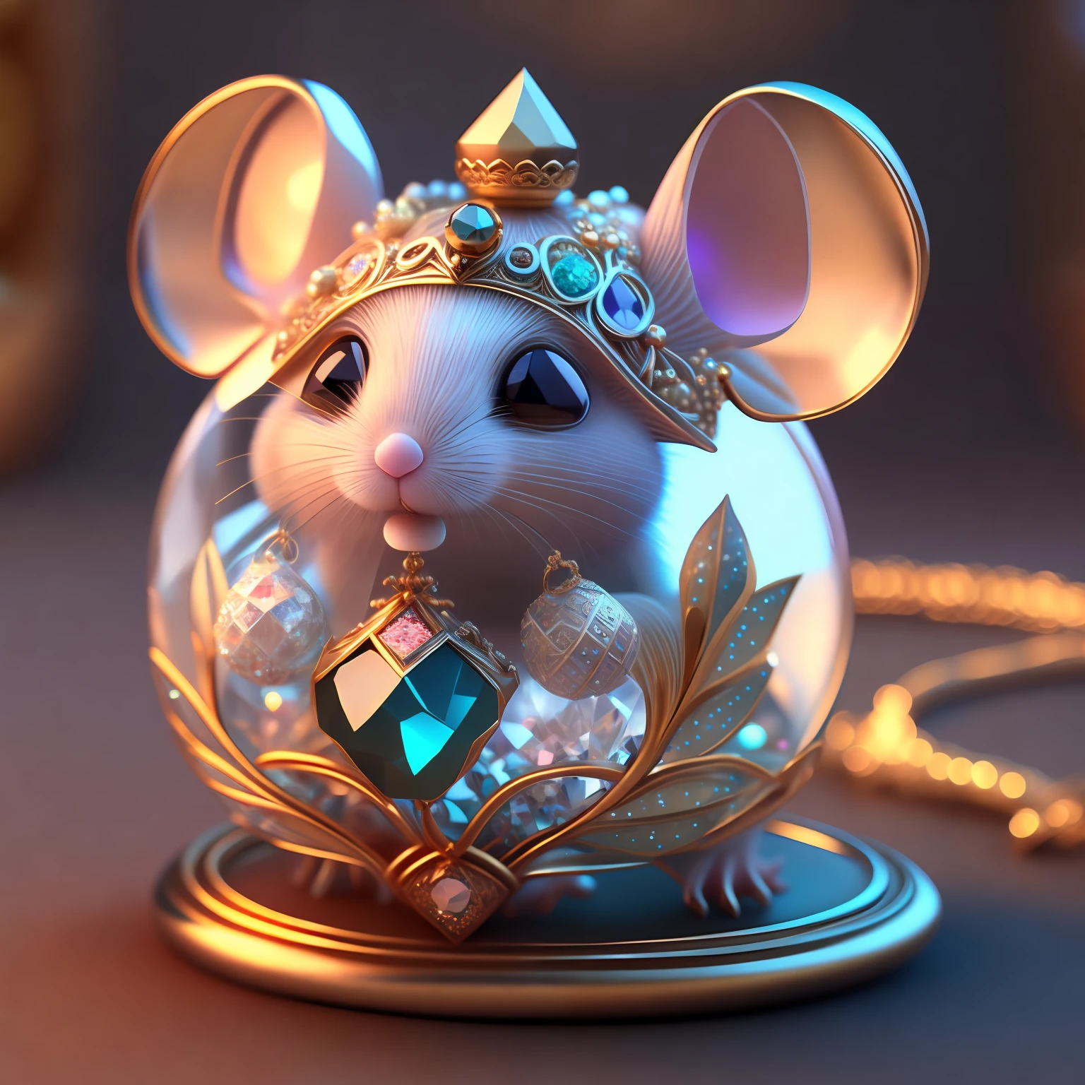 A cute little crystal ball mouse embellished with various jewelry ornaments and low-poly eyes, is a highly detailed and complex conceptual work of art using Artstation 8k quality.
