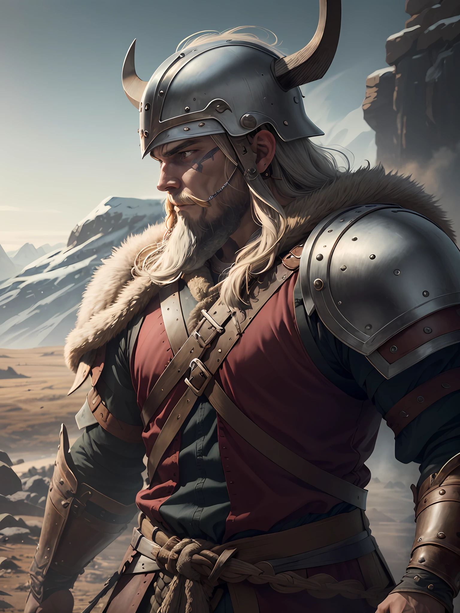 1 Warrior man ((Viking))on the battlefield, wearing Viking armor, (( Detailed helmet)))the detailed face,(sword in hand )drop shadow, halftone, vanishing point, diffraction peaks, f/1.8, Nikon, high detail, UHD, masterpiece, best quality, highres, 16k