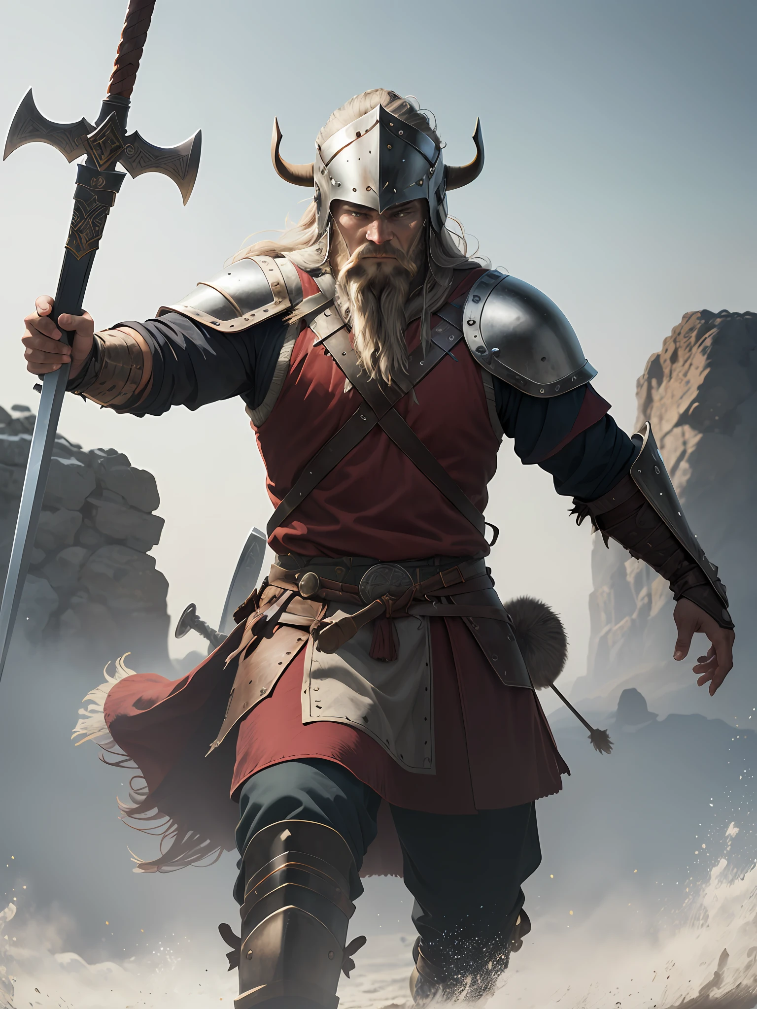 1 Warrior man ((Viking))on the battlefield, wearing Viking armor, (( Detailed helmet)))the detailed face,(sword in hand )drop shadow, halftone, vanishing point, diffraction peaks, f/1.8, Nikon, high detail, UHD, masterpiece, best quality, highres, 16k