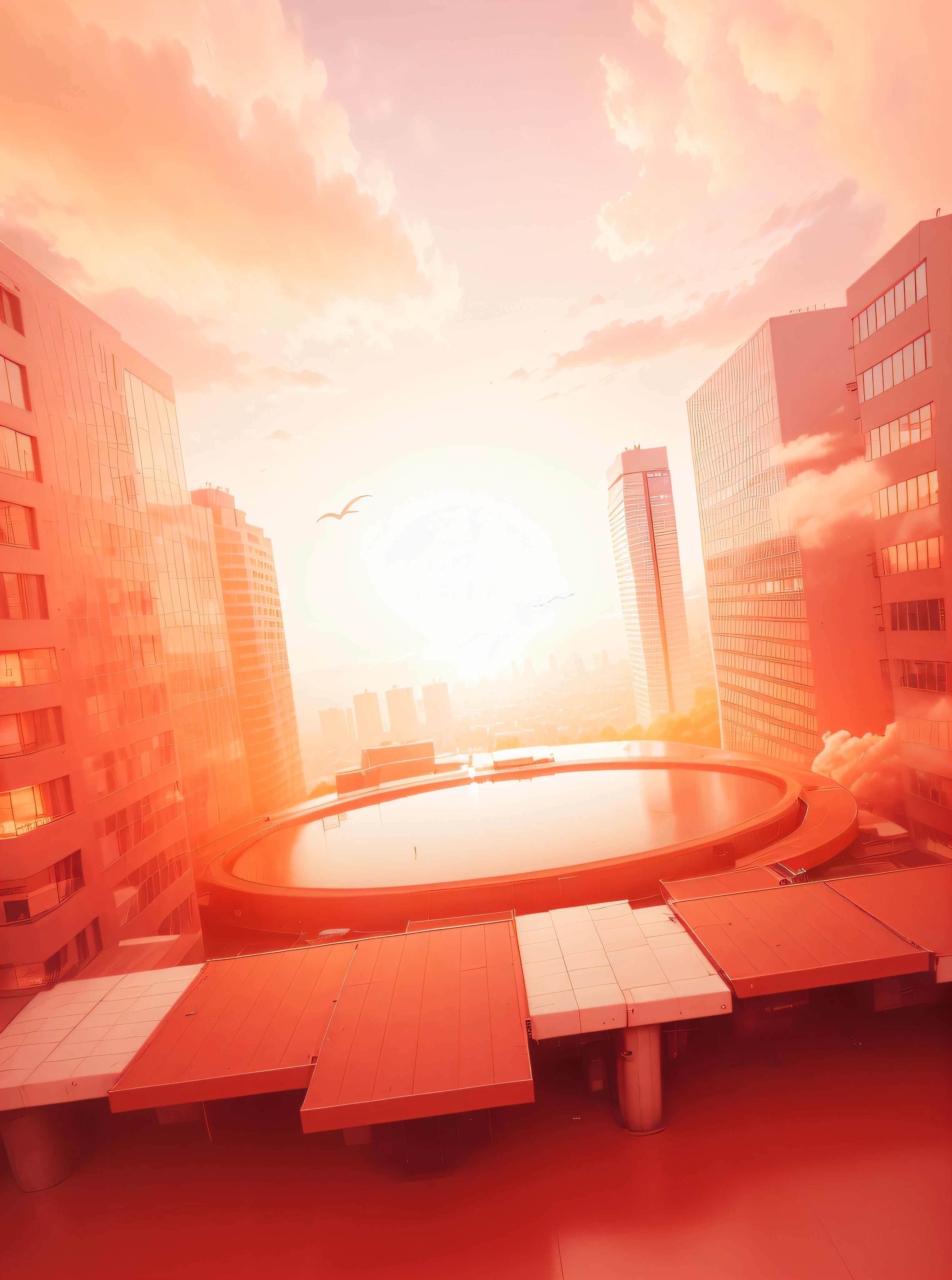 Modern style, next to a tall building, a platform in the middle, an orange-yellow glow in the sky in the distance, and some clouds