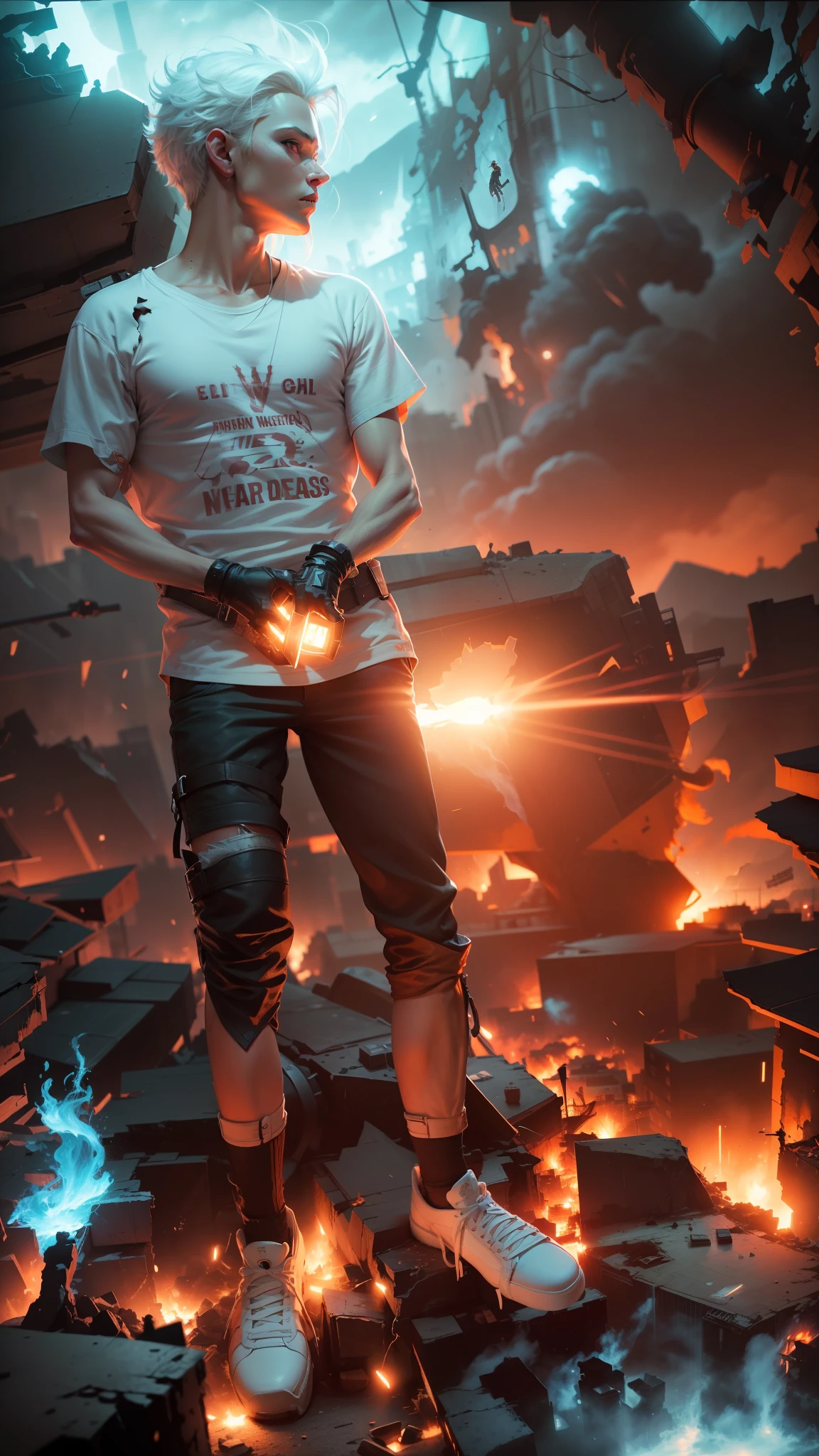 (masterpiece, best quality:1.2), 1boy, dante, white hair, open clothes, coat, fingerless gloves, belt, city, detailed eyes, destroyed buildings, destruction, (night:1.4), natural lighting, cinematic, epic, Battle pose, surrounded by blue fire, wallpaper 4k, highest quality digital art, Stunning art,8k,64k, HD, unparalleled masterpiece, dynamic lighting, cinematic, epic