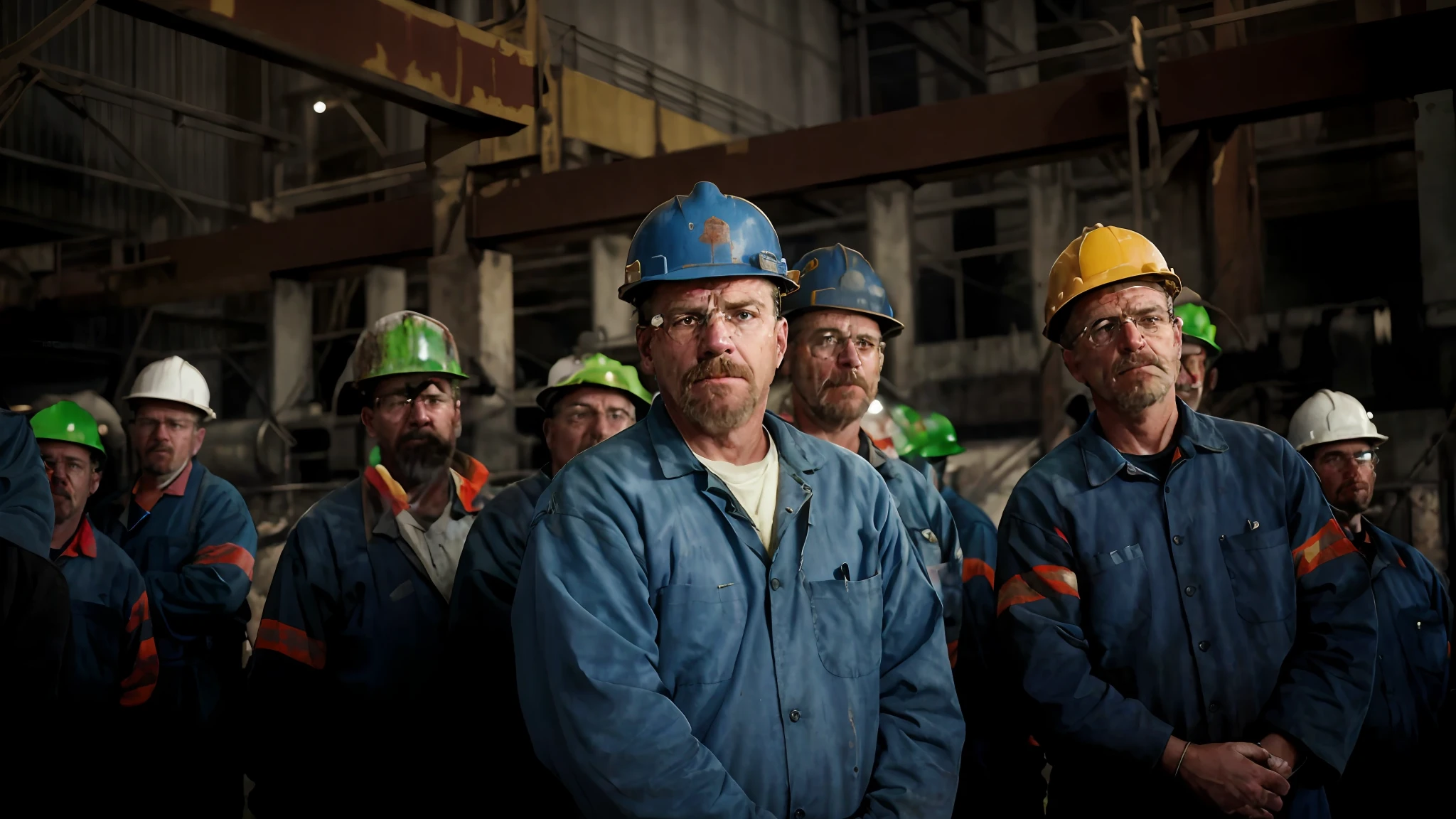 arafed group of men in hard hats and overalls standing in a factory, miners, workers, skilled, sweaty and gross pioneer work, sad scene, sad men, sad, industrial photography, looking sad, very sad, photo taken in 2 0 2 0, smelters, sad look, sad!, looking to the side, i said, a portrait