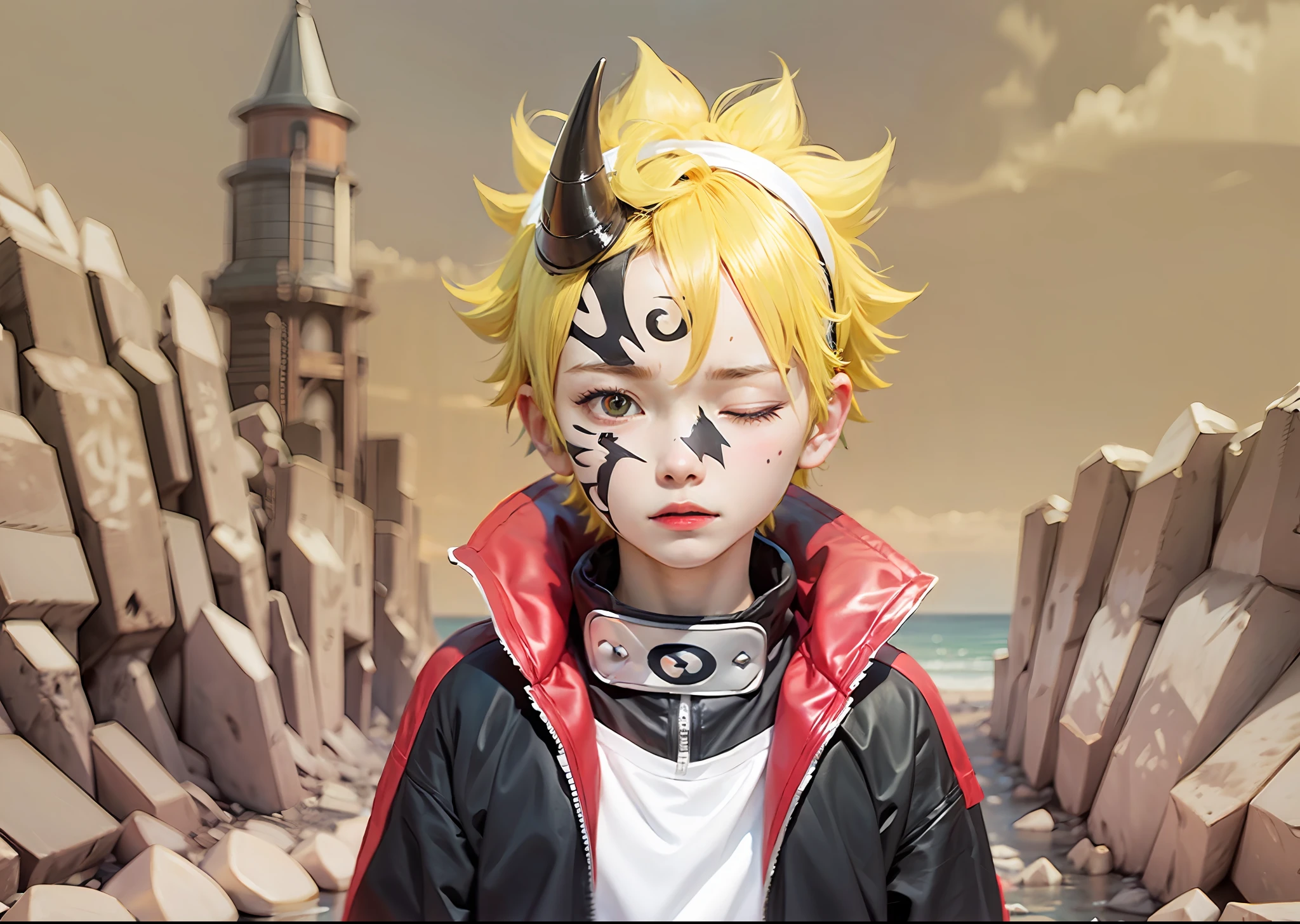 1boy, Uzumaki Boruto, Karma mode, yellow hair, white shirt, black jacket, left eye closed, right eye open, horn on the right forehead, headband on neck, Konoha logo, lips