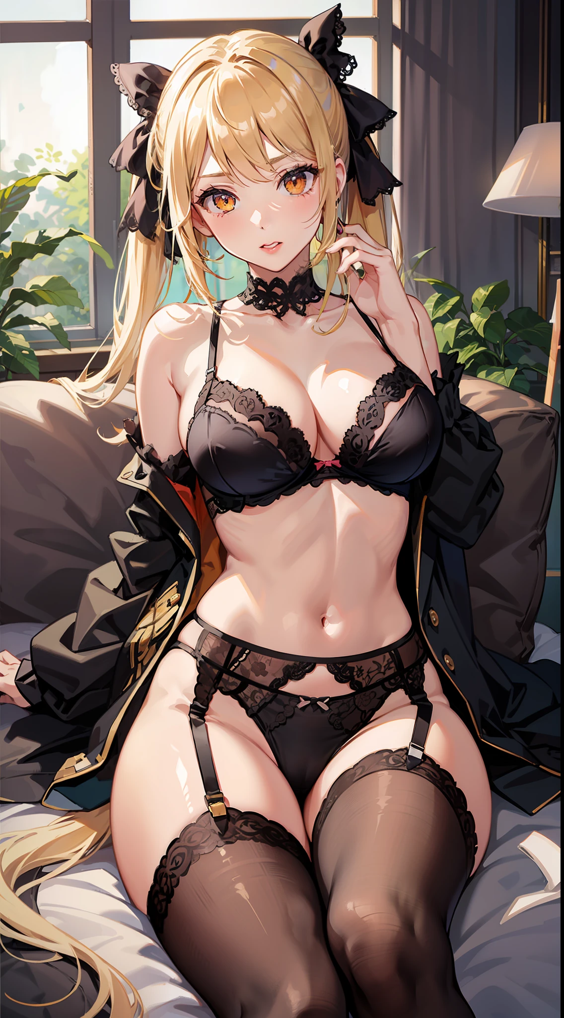 sexy blond girl in black underwear sitting on a chair, 1girl, solo, thighhighs, underwear, sitting, lingerie, long hair, lace, garter belt, bra, black bra, twintails, panties, breasts, black thighhighs, black panties, lace-trimmed legwear, lace trim, frills, bangs, navel, chair, underwear only, cleavage, looking at viewer, makeup, blonde hair, ribbon, indoors, hair ribbon, orange eyes, legs, hand on own knee, knee up, pillow, lipstick, floral print, window, lace panties, frilled pillow