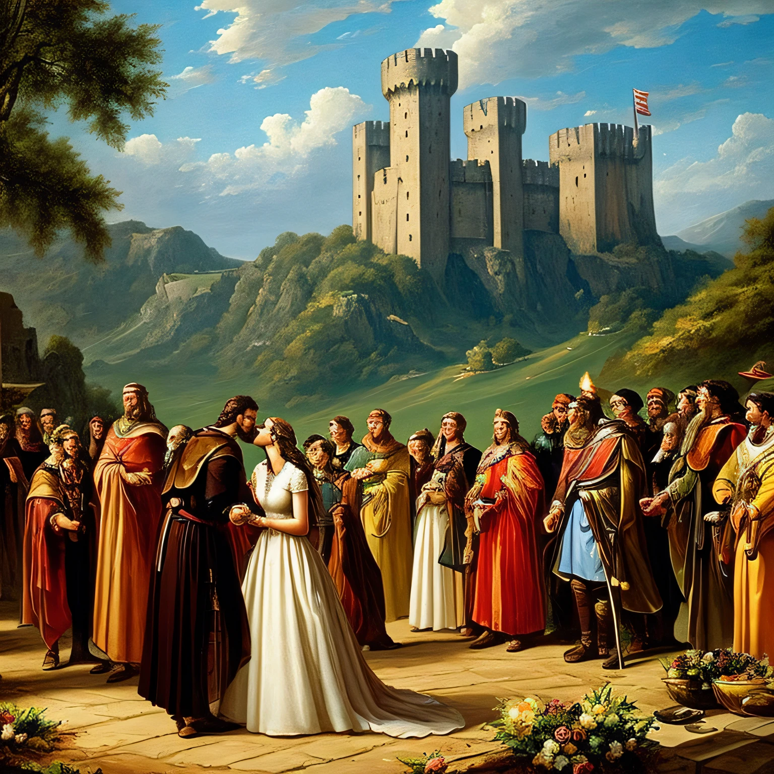 The scene shows Bruce and Brenda getting married in Camelot, in a beautiful and exciting ceremony. They swear eternal love to each other, and exchange gold rings. They also receive the blessing of Merlin, Arthur's wizard advisor, who predicts that they will have a long and happy life. The scene is full of romance, beauty and magic. The setting is the castle of Camelot, with tall towers and colorful flags. There are many people attending the ceremony, including Arthur, Zeus, and other knights and ladies. The sky is blue, with some white clouds. The sunlight illuminates the scene, creating an atmosphere of joy and celebration.

The painting shows Bruce and Brenda kissing while holding the gold rings. They smile at each other, with passionate looks. They form a circle of love and unity. Zeus is beside them, barking and wagging his tail. He seems happy for his owners. Merlin stands behind them, with a wise and kind smile. He raises his hand, making a gesture of blessing. He seems proud and content for them. The painting has soft and delicate colors, which highlight the tenderness of the characters. The background is the castle of Camelot, which looks majestic and charming. --auto