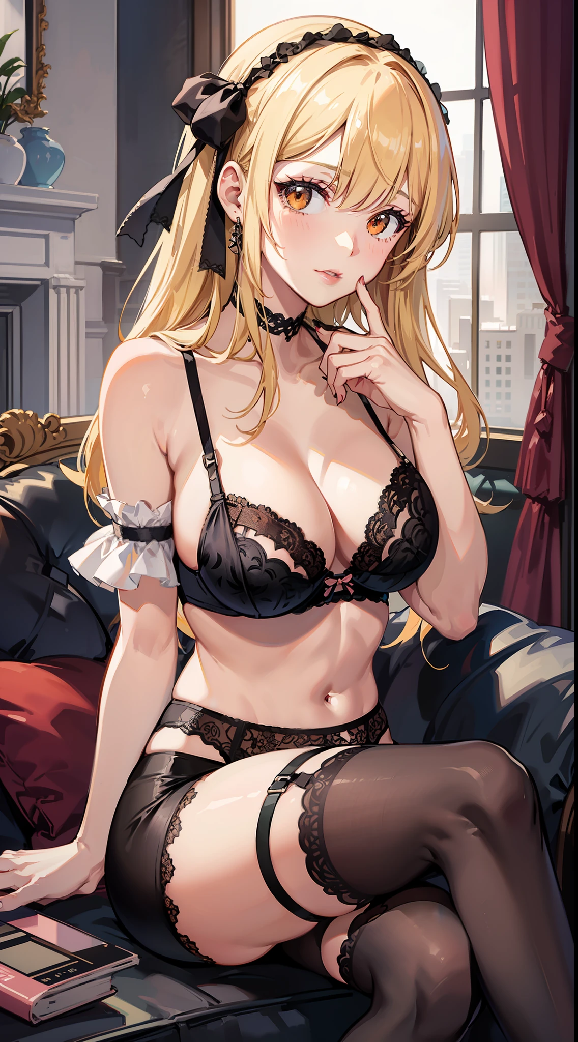 sexy blond girl in black underwear sitting on a chair, 1girl, solo, thighhighs, underwear, sitting, lingerie, long hair, lace, garter belt, bra, black bra, twintails, panties, breasts, black thighhighs, black panties, lace-trimmed legwear, lace trim, frills, bangs, navel, chair, underwear only, cleavage, looking at viewer, makeup, blonde hair, ribbon, indoors, hair ribbon, orange eyes, legs, hand on own knee, knee up, pillow, lipstick, floral print, window, lace panties, frilled pillow