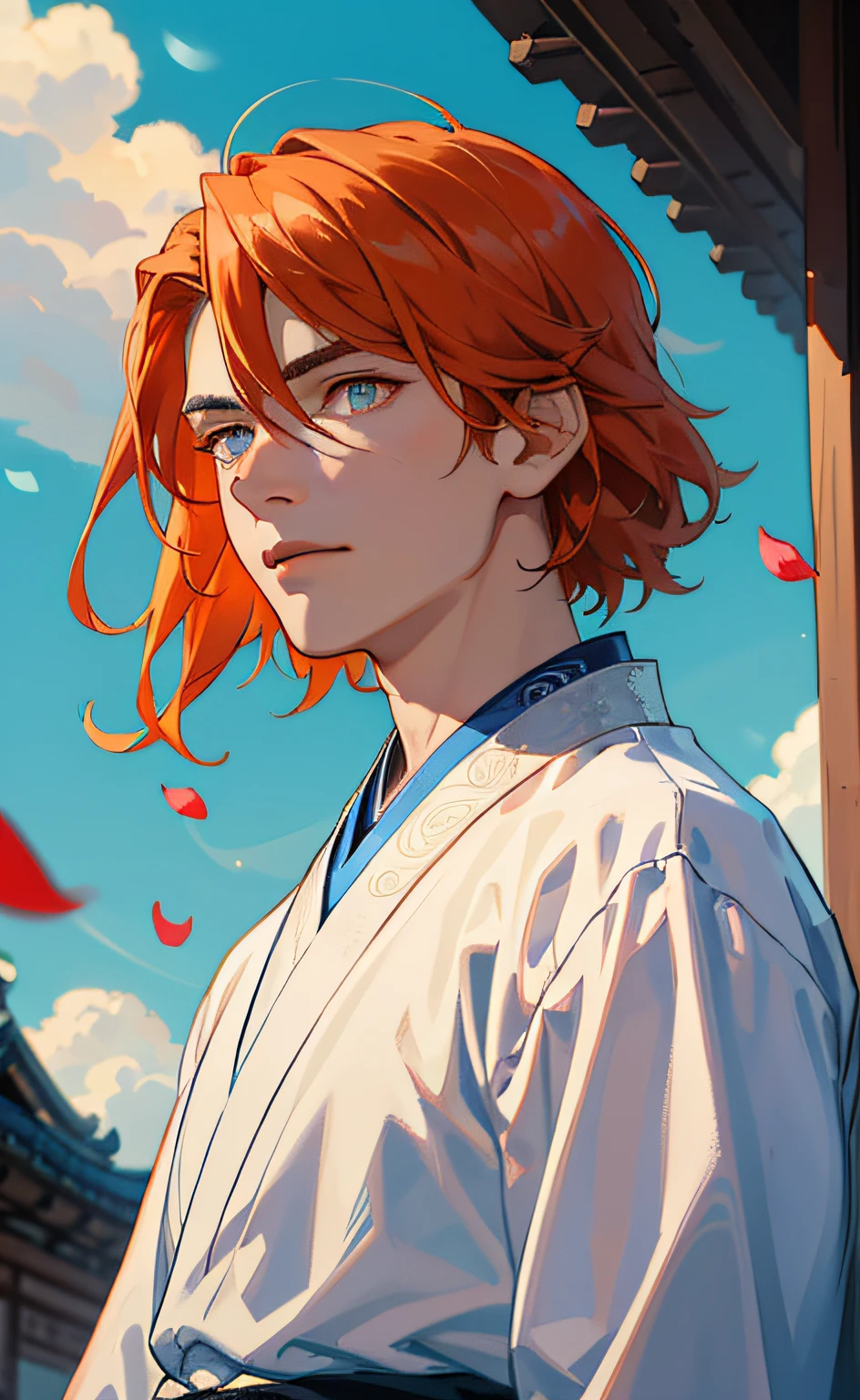 Mature boy, blue and white pupils, orange hair color, delicate and flexible eyes, intricate brocade hanfu, gorgeous accessories, fov, f/1.8, masterpiece, ancient Chinese style architecture, blue sky, flower petals flying, front portrait shot, side light, sunlight on people, 8K