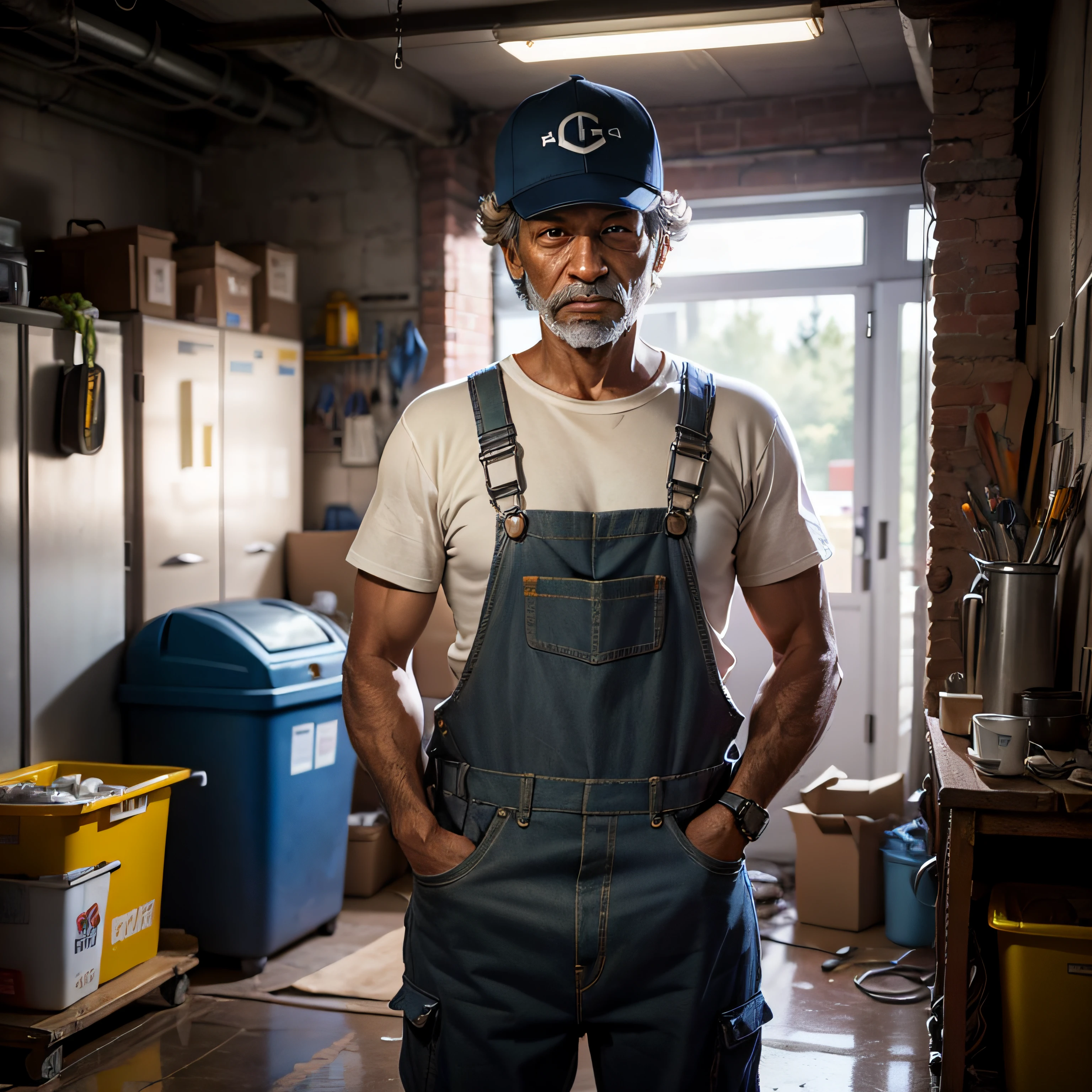 Repairman American Uncle, wearing a loose gray overalls, looks very skilled, has super skills, real photos, no light in the background, very natural, in the garage, the characters are not reflective, and the characters are serious in the front