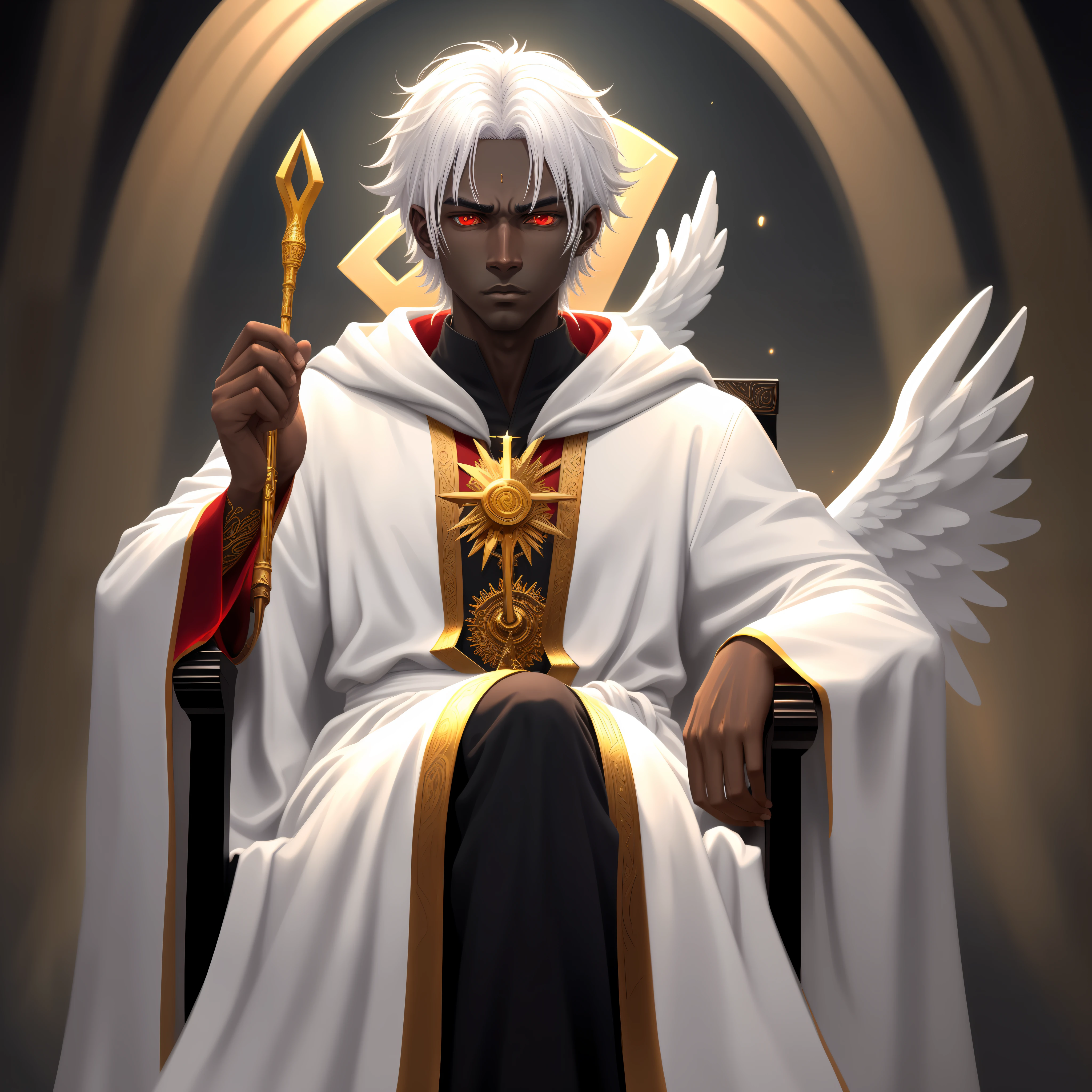 (masterpiece, best quality, ultra-detailed, best shadow), (detailed background, portrait, nebulous, bright light, sitting on the throne, sunbeam, blessing sign, two fingers raised, holding scepter, expressionless, facing the viewer, looking at the viewer), (detailed face, mature face, male features), (better lighting), ((cinematic light)), colorful, hyper detail, dramatic light, intricate details, (man named Solathiel, colorful skin, black skin, white hair, red eyes, white robes, god, angel),(anime style)