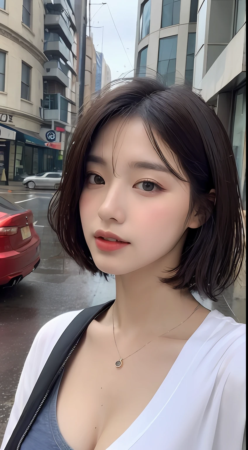 ((Best Quality, 8k, Masterpiece: 1.3)), Focus: 1.2, Perfect Body Beauty: 1.4, Slim Abs: 1.2, ((Layered Haircut, Big Breasts: 1.2)), (Wet Clothes: 1.1) , (Rain, Street:1.3), Wet Body: 1.1, Highly detailed face and skin texture, Detailed eyes, Double eyelids, Double clothes, Short clothes