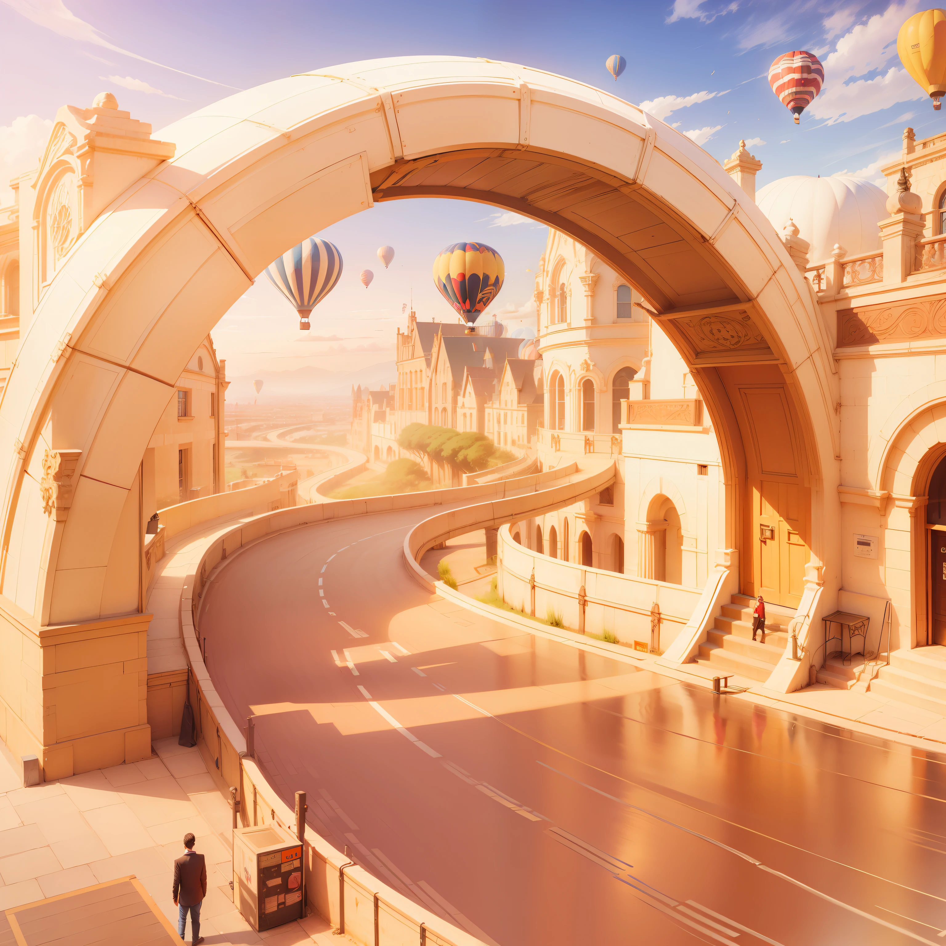 HD, an arched door, conveyor belt, sky, event atmosphere, hot air balloon in the sky --auto