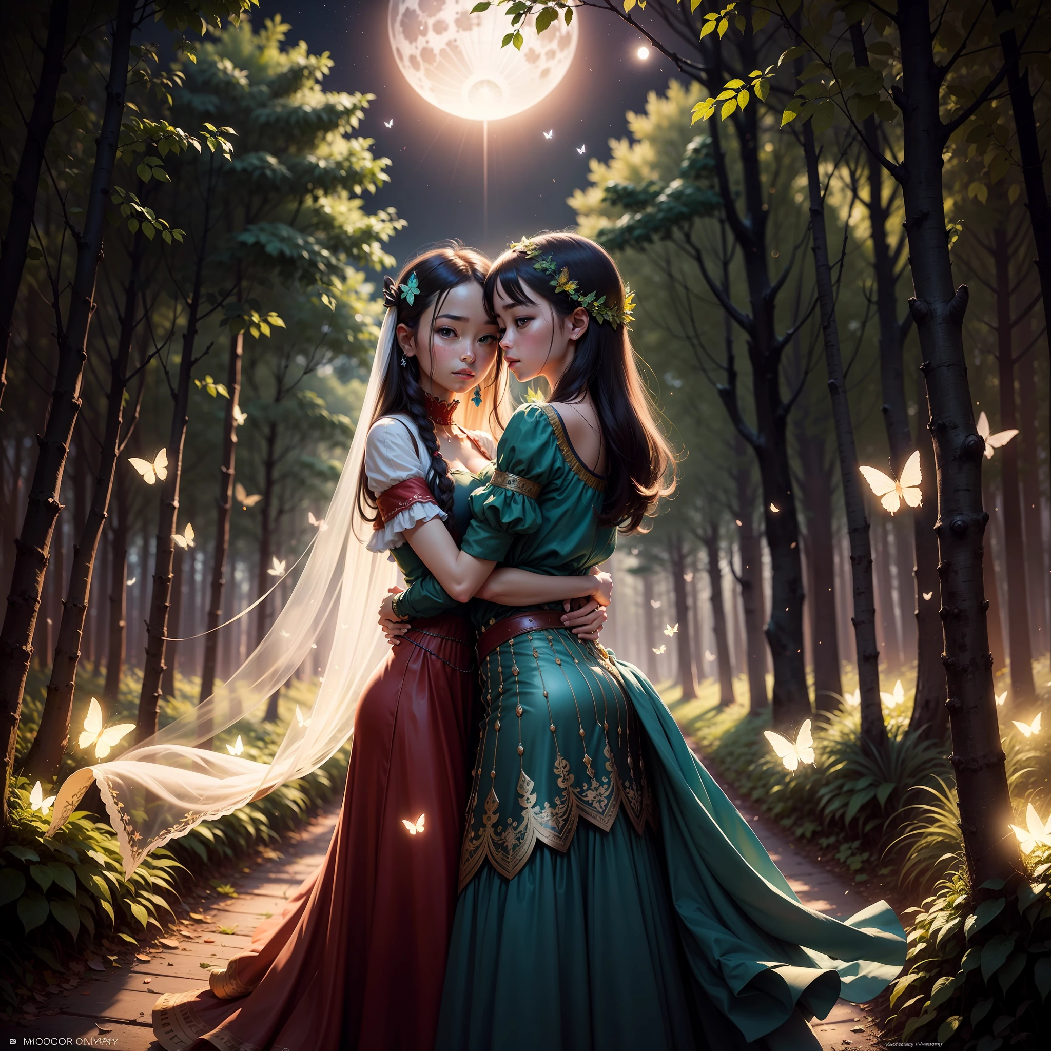 A mystical forest with trees made of sparkling crystals, where colorful butterflies and fireflies dance in the air. The forest is illuminated by the soft glow of moonlight, creating an enchanting atmosphere. Photo taken by [Photographer_name(Don't use McCurry)] with a [CAMERA&LENSES_name]. Award-Winning Photography style, Dreamy lighting, 8K, Ultra-HD, Super-Resolution. --auto