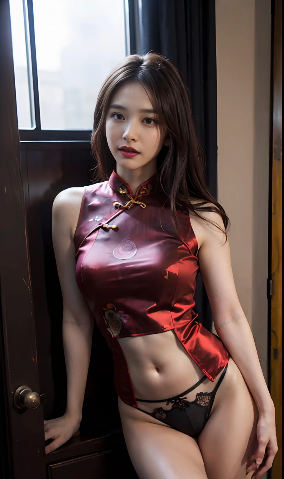 ulzzang-6500-v1.1,(Raw photo:1.2), (Photorealistic:1.4), (Beautiful detailed super beautiful single woman), (((Slender model, 30 years old)), very detailed eyes and face, Beautiful detailed eyes, disheveled long brown hair, ridiculous, incredibly ridiculous, huge file size, ultra detailed, high resolution, highly detailed, best quality, masterpiece, ((Silk tight navel cheongsam, short enough to protrude under breasts)), (((Soft big that hang down so much that they protrude from cheongsam))illustration, CG, Unity, 8k wallpaper, fantastic, fine details, face lights, movie lighting, (half), (wearing ultra high-leg panties in detail)),official clothes