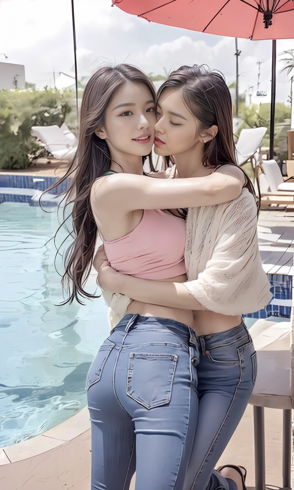 1 man, 1 woman, (male model hugging female model, kissing, intimate relationship: 1.2), Araff woman in pink top and jeans and handsome male model, Korean female fashion model, photo of slim girl model, wearing tight simple clothes, skinny waist and thick buttocks: 1.1, gorgeous young Korean woman wearing sexy cropped top in crop top with crop top Korean girl, casual dress style, 2 4 year old female model, beautiful Korean woman, HD, 16k, realistic, small round face: 1.0, realistic perfect face and skin, detailed beautiful glasses, double eyelids, long eyelashes, swollen eyes, realistic face and eyes, facial light, super detailed facial details, lip gloss, blush: 1.0, brand open crop top (pink, open V-neck, super realistic detailed clothes: 0.8, huge boobs: 1.5, perfect breasts and nipple bulge: 1.5), high-end brand skinny jeans ((super realistic detailed jeans: 0.6)), perfect big boobs, Perfect breasts, perfect waist, perfect buttocks, (enchanting, beautiful, sexy: 1.0), (round calves: 1.2), (white and tender toes: 1.2, wearing high-end designer crystal sandals (stiletto heels: 0.5)), realistic and stylish shawl hair, shoulder length: 1.0, smiling teeth: 1.0, handsome male model: 1.0, private shooting, private shooting, background ((super luxurious yacht, green venue, buffet table, swimming pool, poolside parasols and beach chairs)) , Dancing with a male model: 1.2, Dancing gracefully: 1.5, Autofocus: 1.2, Versatile poses, Full body shooting: 1.5