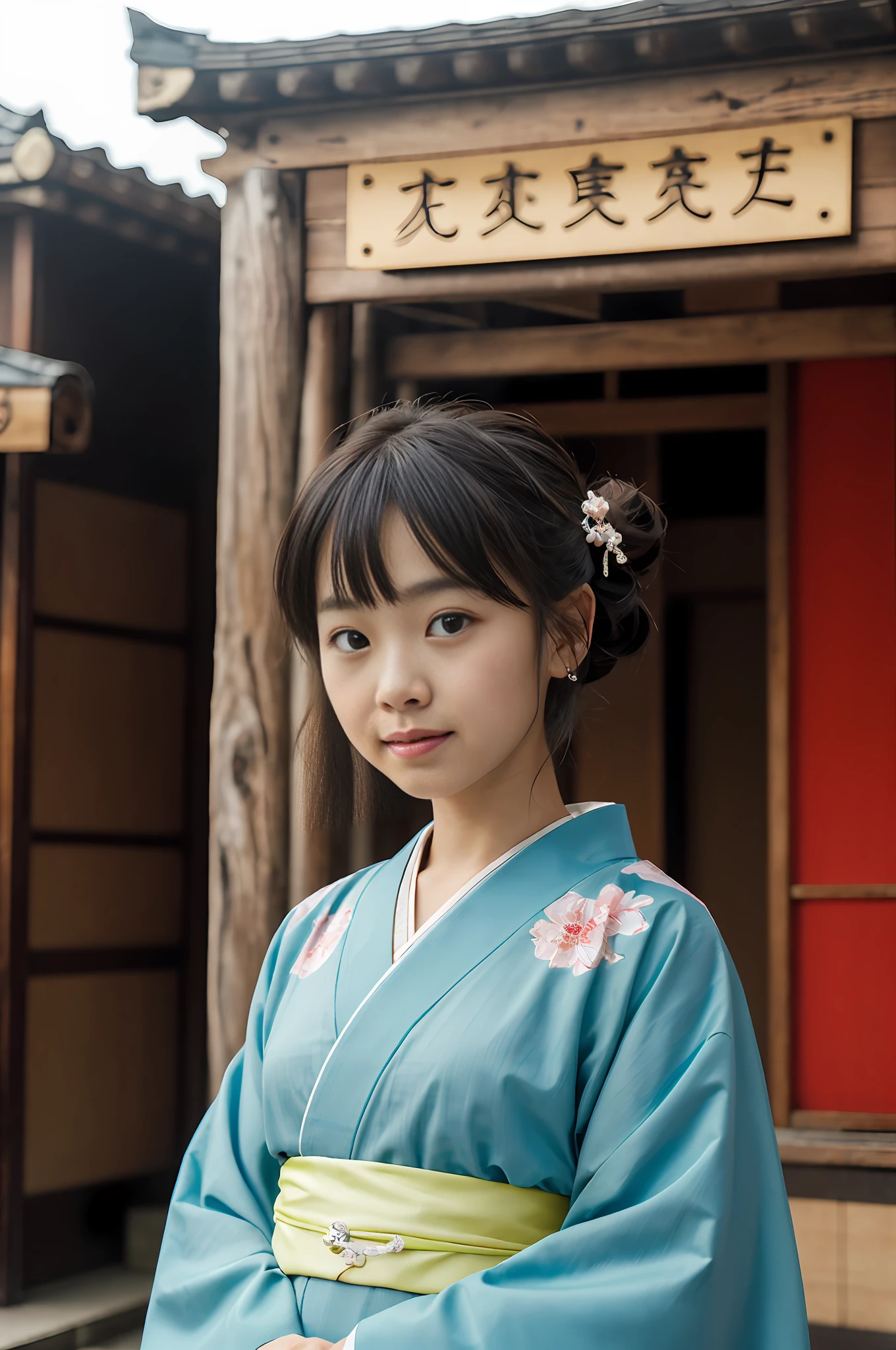 ((Best Quality, 8K, Masterpiece: 1.3)), Sharp Focus: 1.2, (Slender Abs Beauty: 1.0), (Shiny Skin: 1.0), Realistic Photography, Black Hair, Realistic Pupils, Video Lighting, High Definition Eyes and Face, Video Lighting, (Cowboy Shot: 1.3), (Kimono, Hakama, Obi: 1.4), (Japan 12 Year Old Cute Actress), (Round Face: 1.4), Bangs, In Nature, traditional kimono, gentle look, looking at the audience, from the front,
