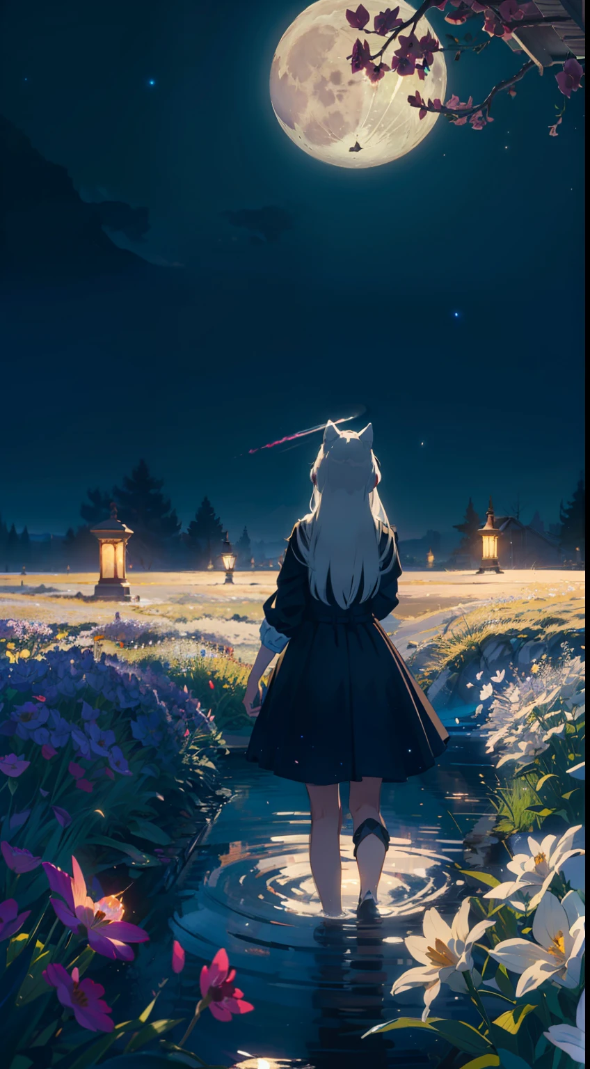 Extensive landscape photo , (looking up and down), Girl standing in flower field looking up, (Full Moon:1.2), ( Shooting Star:0.9), (Nebula:1.3), Flower field of white flowers, Shining flower field, Tree , (Warm light source:1.2), (Firefly:1. 2), Lamp, lots of orange and blue, fine details, voluminous Lighting BREAK (Masterpiece:1.2), (Top Quality), 4k, Super Dense, (Dynamic Composition:1.4), Very Fine Detail, Colorful Details, ( Iridescent:1.2), (Glowing Lighting, Atmospheric Lighting), Dreamlike, Fantastic, (Solo:1.2), Sparkling, Petals Dancing, White Hair, Beautiful hair, long hair, cat ears, back view, magical water effects, soap bubbles