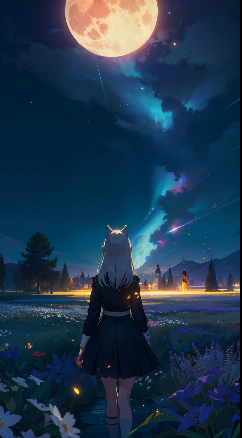 Extensive landscape photo , (looking up and down), Girl standing in flower field looking up, (Full Moon:1.2), ( Shooting Star:0.9), (Nebula:1.3), Flower field of white flowers, Shining flower field, Tree , (Warm light source:1.2), (Firefly:1. 2), Lamp, lots of orange and blue, fine details, voluminous Lighting BREAK (Masterpiece:1.2), (Top Quality), 4k, Super Dense, (Dynamic Composition:1.4), Very Fine Detail, Colorful Details, ( Iridescent:1.2), (Glowing Lighting, Atmospheric Lighting), Dreamlike, Fantastic, (Solo:1.2), Sparkling, Petals Dancing, White Hair, Beautiful hair, long hair, cat ears, back view, magical water effects, soap bubbles