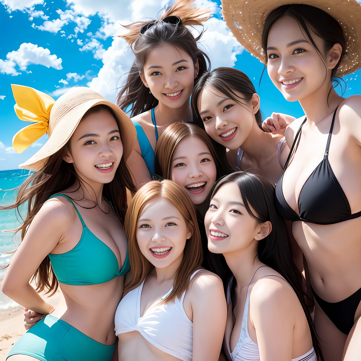 Generate an image of a group of college girls taking a group photo on the beach. They have a cheerful and energetic expression on their faces, and they wear clothes that evoke the atmosphere of the sea and summer. Their hair is naturally fluttering in the wind, expressing light movement. They get together and face the camera with smiles on their faces. The blue sea and white sand beach spread out against the sandy beach, creating a bright and refreshing atmosphere. Sea toys such as beach balls and floats, as well as belongings such as towels and cameras, are placed around them. In addition, if the sea waves and the glow of sunlight are drawn in the distance, it will give you a more summer atmosphere. Please, draw a picture of vibrant college girls happily gathering and taking a memorable group photo.
