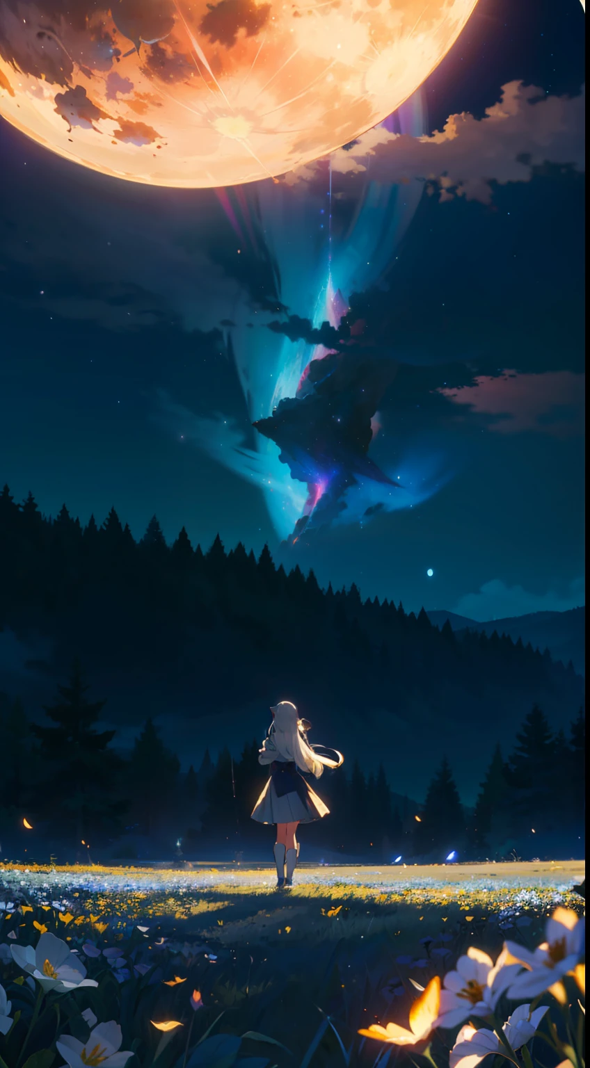 Extensive landscape photo , (looking up and down), Girl standing in flower field looking up, (Full Moon:1.2), ( Shooting Star:0.9), (Nebula:1.3), Flower field of white flowers, Shining flower field, Tree , (Warm light source:1.2), (Firefly:1. 2), Lamp, lots of orange and blue, fine details, voluminous Lighting BREAK (Masterpiece:1.2), (Top Quality), 4k, Super Dense, (Dynamic Composition:1.4), Very Fine Detail, Colorful Details, ( Iridescent:1.2), (Glowing Lighting, Atmospheric Lighting), Dreamlike, Fantastic, (Solo:1.2), Sparkling, Petals Dancing, White Hair, Beautiful hair, long hair, cat ears, back view, magical water effects, soap bubbles