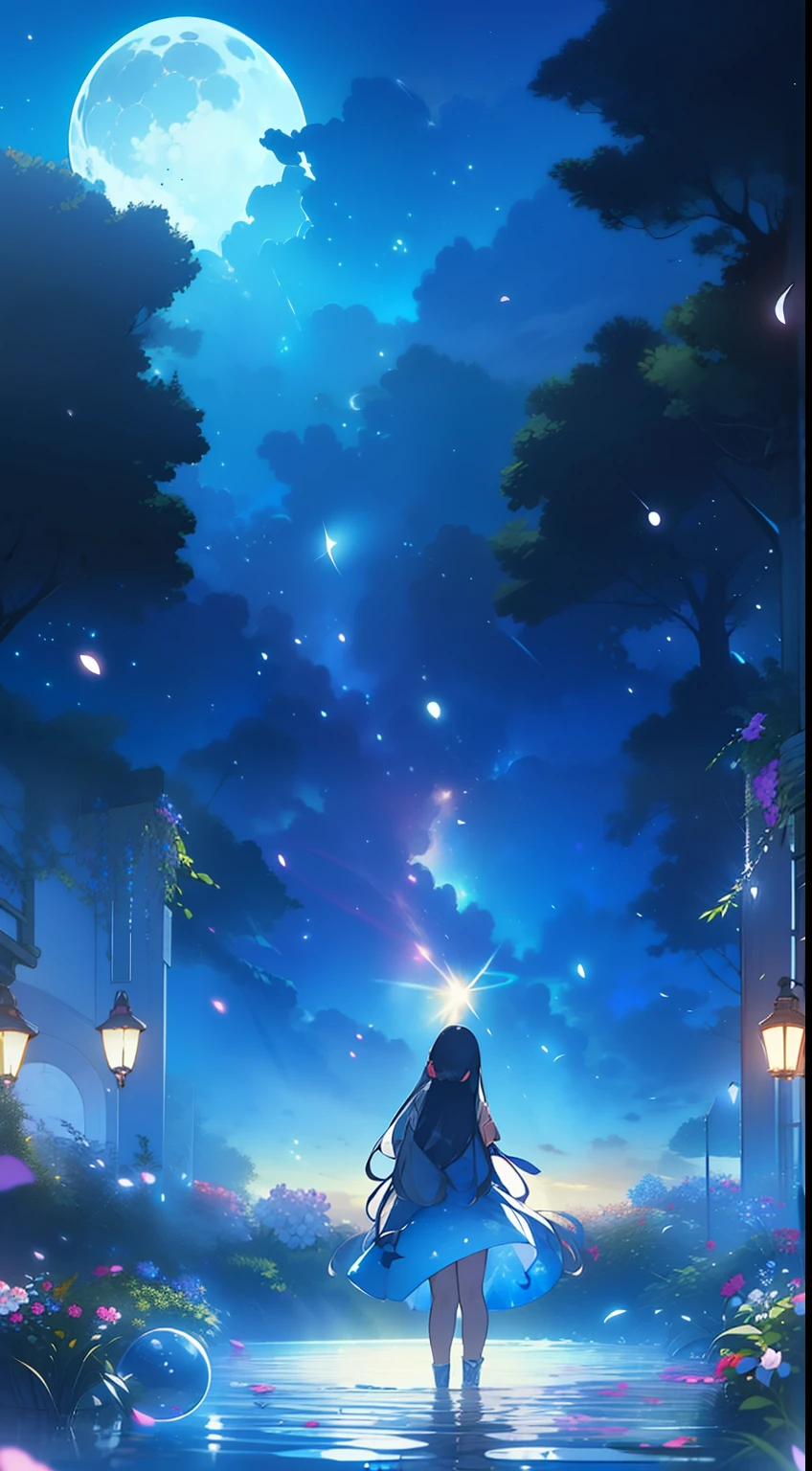 Extensive landscape photo , (looking up and down), Girl standing in flower field looking up, (Full Moon:1.2), ( Shooting Star:0.9), (Nebula:1.3), Flower field of white flowers, Shining flower field, Tree , (Warm light source:1.2), (Firefly:1. 2), Lamp, lots of orange and blue, fine details, voluminous Lighting BREAK (Masterpiece:1.2), (Top Quality), 4k, Super Dense, (Dynamic Composition:1.4), Very Fine Detail, Colorful Details, ( Iridescent:1.2), (Glowing Lighting, Atmospheric Lighting), Dreamlike, Fantastic, (Solo:1.2), Sparkling, Petals Dancing, White Hair, Beautiful hair, long hair, cat ears, back view, magical water effects, soap bubbles