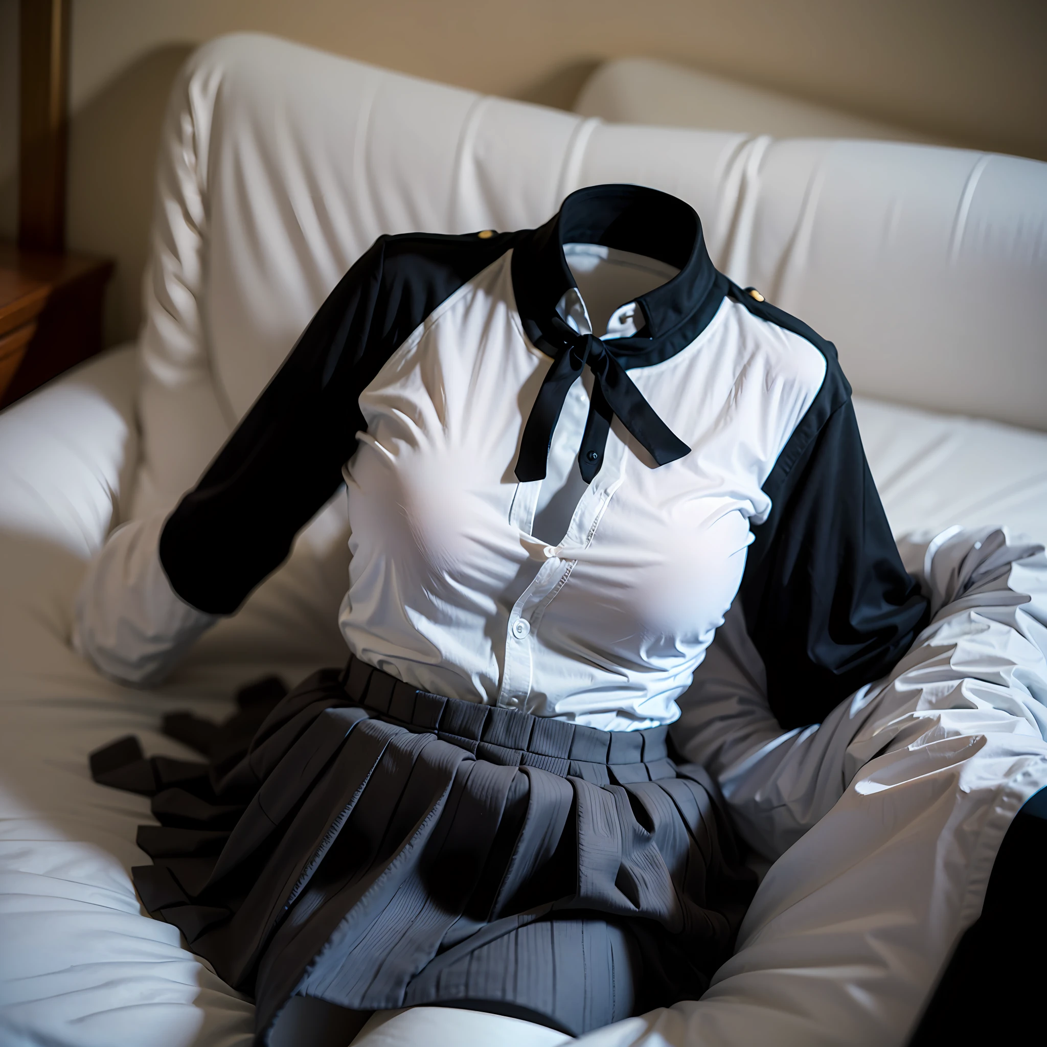 (insanely detailed), (16k), ((no humans)), ((invisible)), ((faceless)), ((headless)), ((empty clothes)), (huge breasts), girls' school uniforms swells as if possessed by busty invisible girls, girls' school uniforms raise their sleeve as if worn by invisible girls, huge breasts, (short sleeve), jk ribbon on the neck,(lying on the bed)