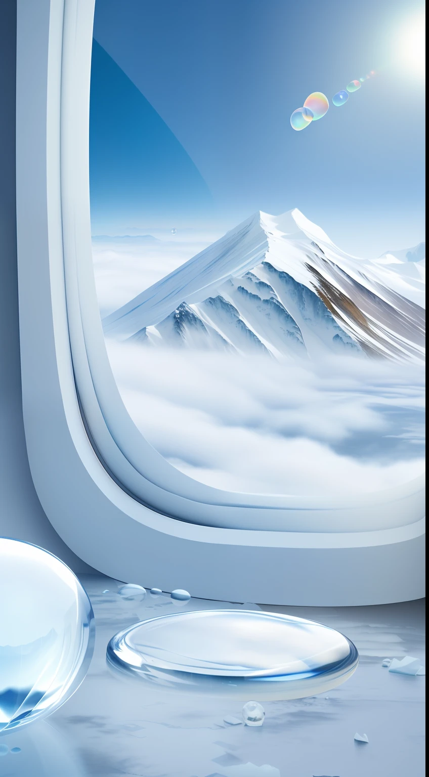 Pictures of mountains seen from the window, escaping bubbles, bubbling landscapes, in the air, floating land in clouds, bubbles, icebergs in the distance, icebergs in the background, aerial landscape, and a platform in front