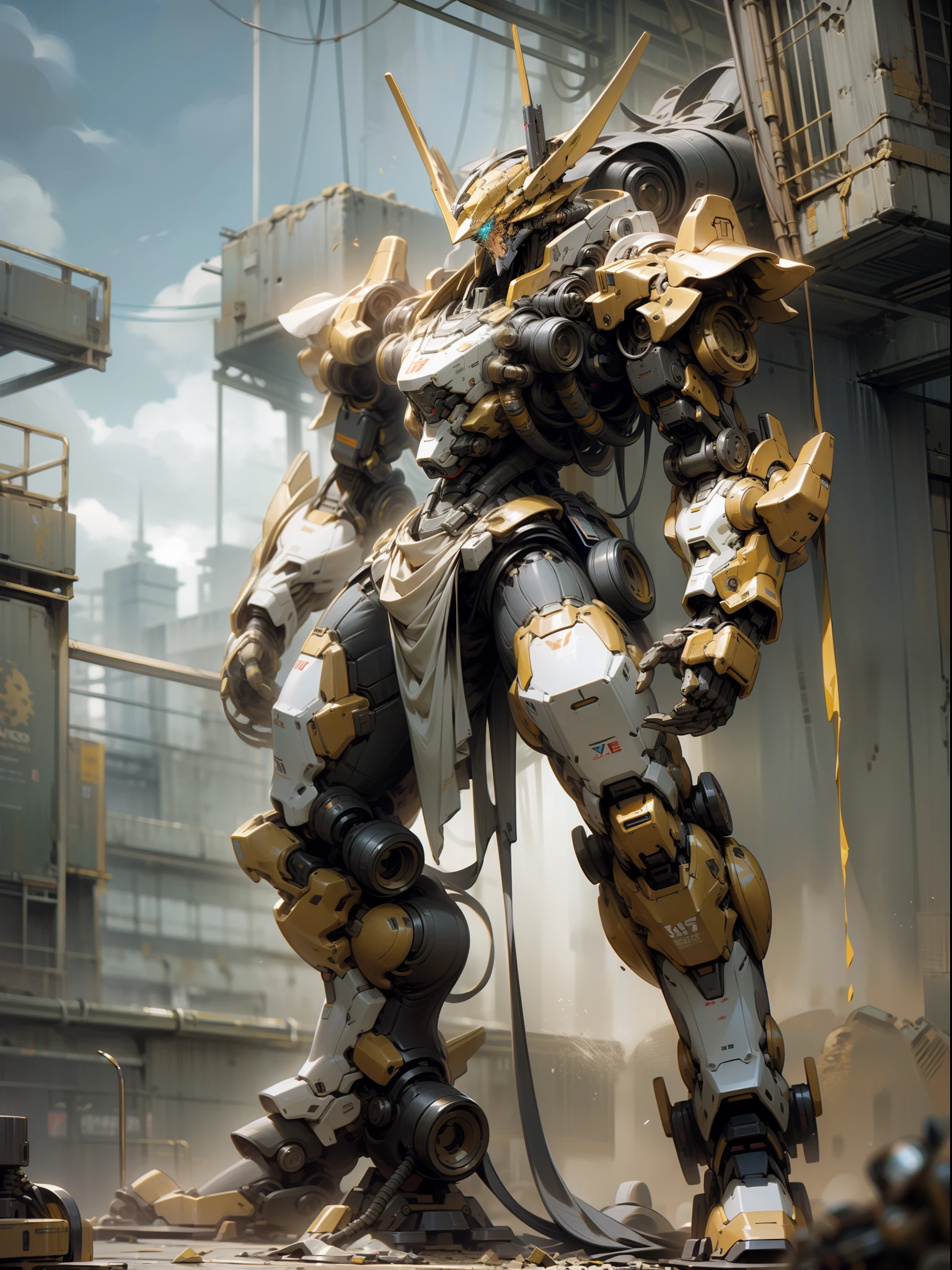 Tall mech, armor, robot, (golden can), cyberpunk style, mecha covered with dragon pattern, huge body, (complex structure), super detailed detail, ruins background, full body shot, 8K, super clear, super HD, super realistic, super real