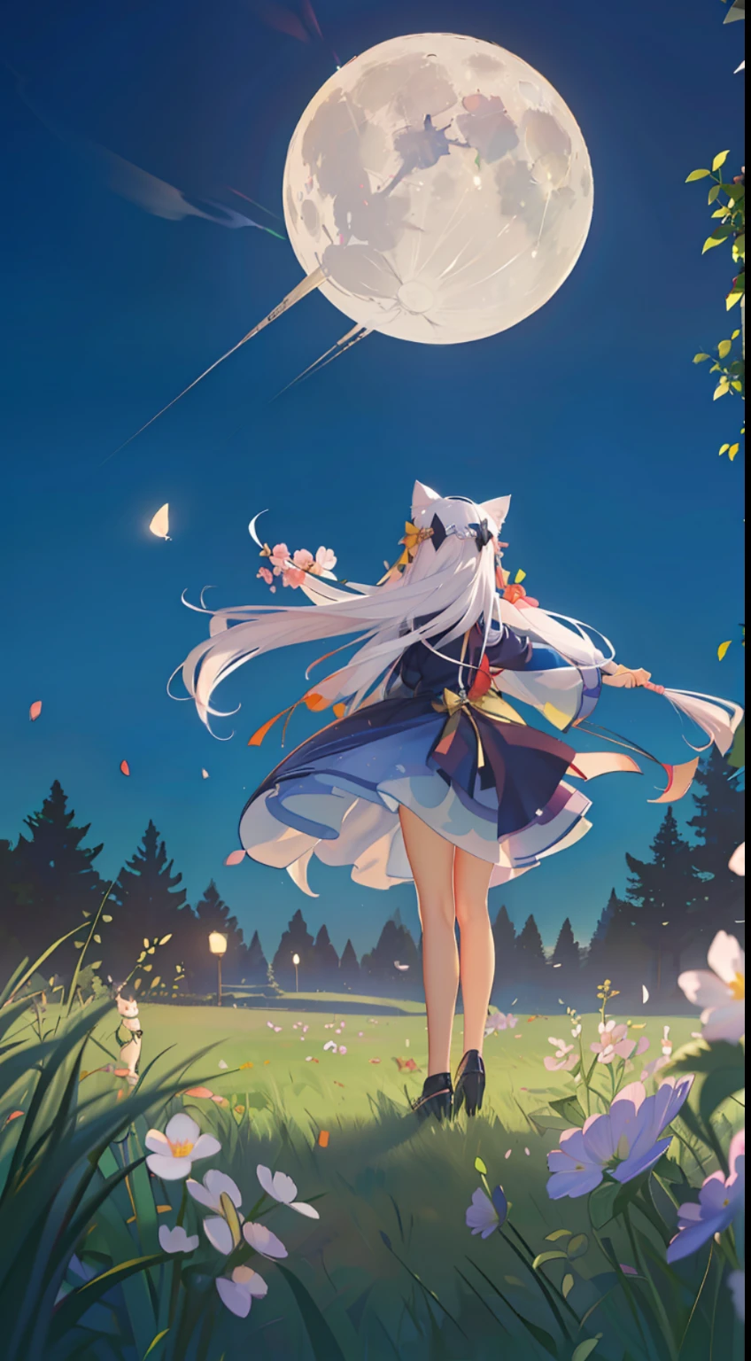 Extensive landscape photo , (looking up and down), Girl standing in flower field looking up, (Full Moon:1.2), ( Shooting Star:0.9), (Nebula:1.3), Flower field of white flowers, Shining flower field, Tree , (Warm light source:1.2), (Firefly:1. 2), Lamp, lots of orange and blue, fine details, voluminous Lighting BREAK (Masterpiece:1.2), (Top Quality), 4k, Super Dense, (Dynamic Composition:1.4), Very Fine Detail, Colorful Details, ( Iridescent:1.2), (Glowing Lighting, Atmospheric Lighting), Dreamlike, Fantastic, (Solo:1.2), Sparkling, Petals Dancing, White Hair, Beautiful hair, long hair, cat ears, back view, magical water effects, soap bubbles, posed
