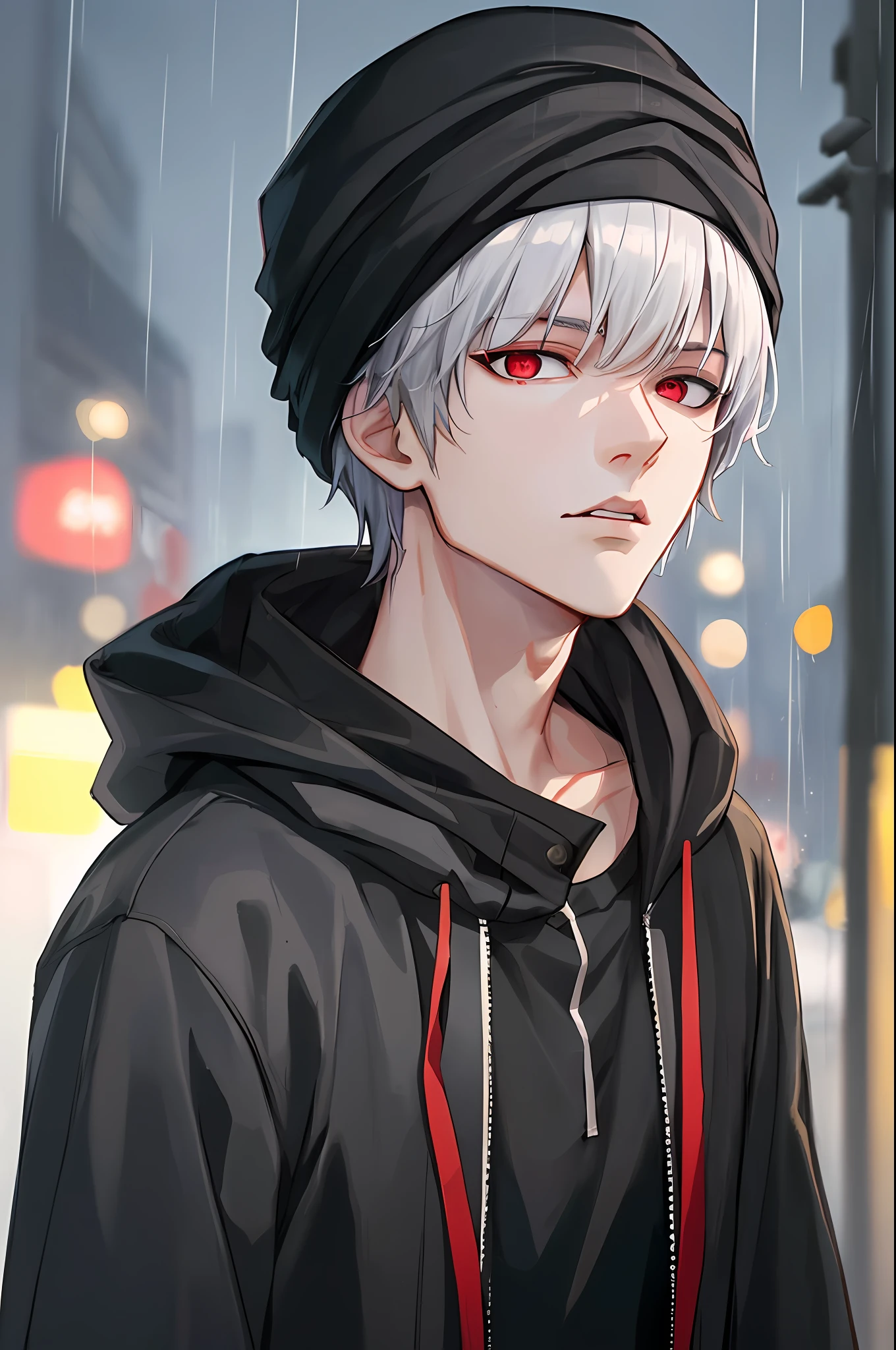kk, best quality, more details, mastery, 1boy, kaneki ken, portrait, male focus, red eyes, solo, bangs, looking at viewer, hood, short hair, rain, tokyo tokyo \(city\), turban, nail polish , gray hair, luxury, 8k, detail, ray tracing, depth of field, movie lighting,