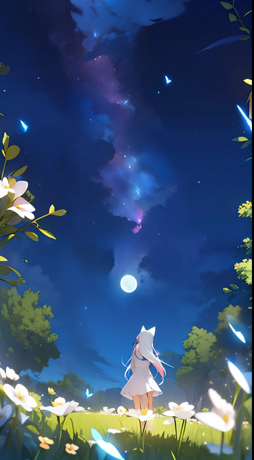 Extensive landscape photo , (looking up and down), Girl standing in flower field looking up, (Full Moon:1.2), ( Shooting Star:0.9), (Nebula:1.3), Flower field of white flowers, Shining flower field, Tree , (Warm light source:1.2), (Firefly:1. 2), Lamp, lots of orange and blue, fine details, voluminous Lighting BREAK (Masterpiece:1.2), (Top Quality), 4k, Super Dense, (Dynamic Composition:1.4), Very Fine Detail, Colorful Details, ( Iridescent:1.2), (Glowing Lighting, Atmospheric Lighting), Dreamlike, Fantastic, (Solo:1.2), Sparkling, Petals Dancing, White Hair, Beautiful hair, long hair, cat ears, back view, magical water effects, soap bubbles, posed
