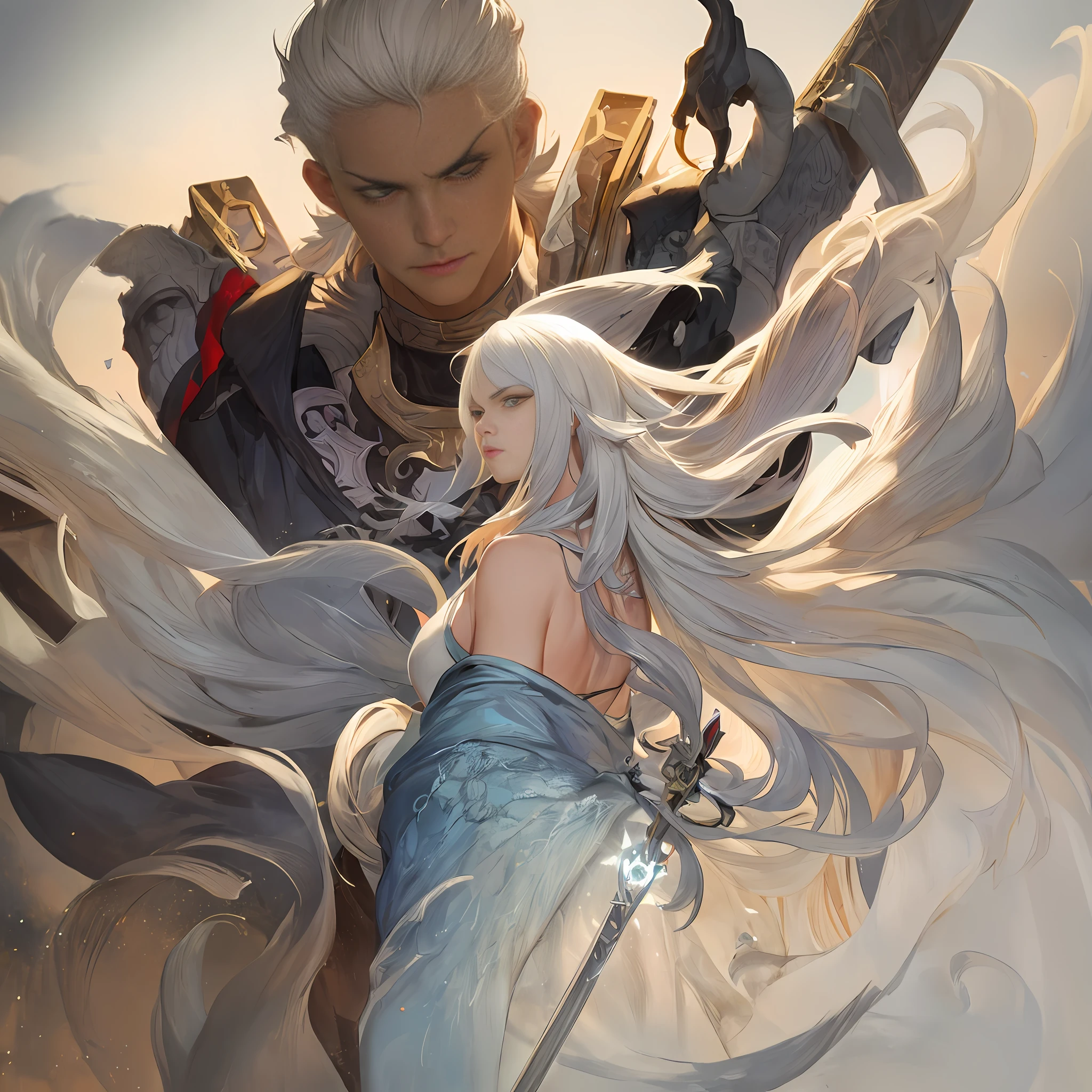 a close up of a person with white hair and a sword, white haired deity, with white long hair, with long white hair, artwork in the style of guweiz, white haired, guweiz, handsome guy in demon slayer art, beautiful character painting, by Yang J, white-haired, guweiz on pixiv artstation, anime character