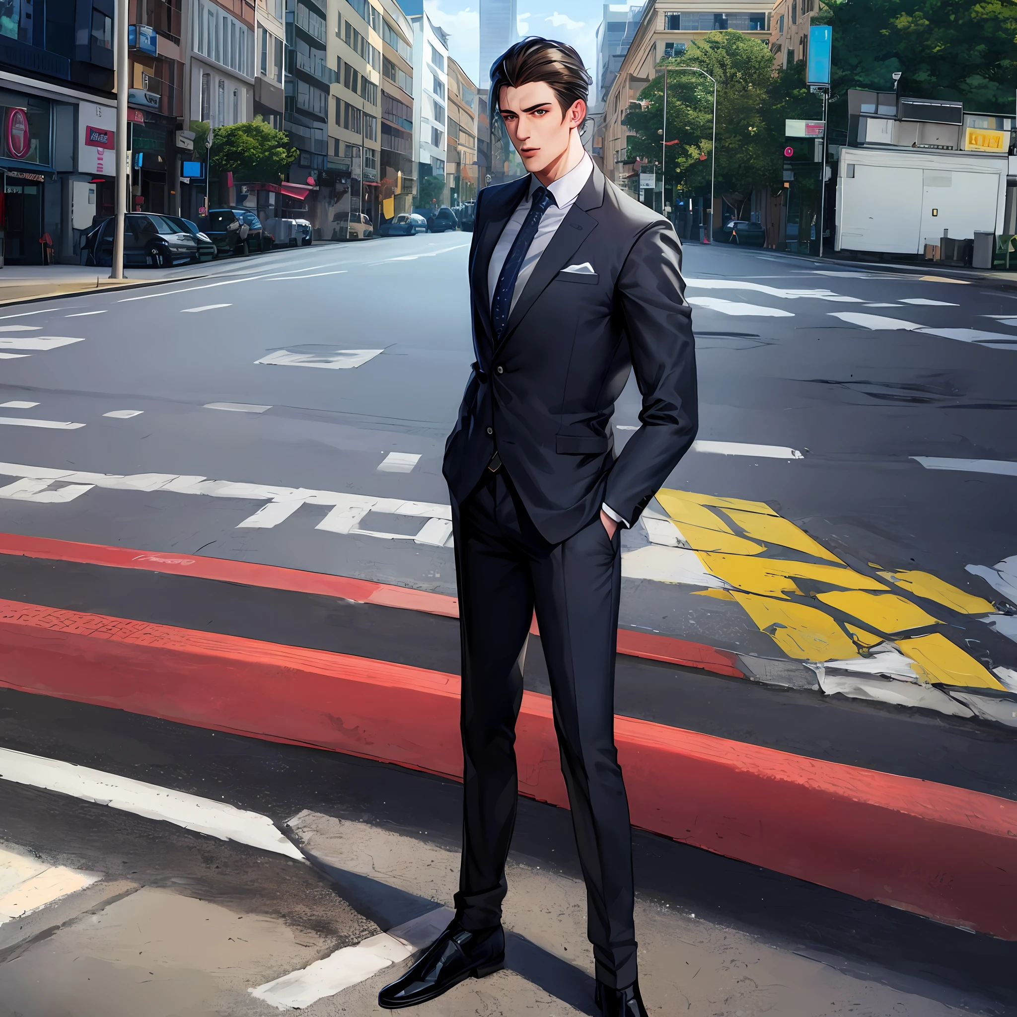 A confident street handsome boy stands proudly on the side of the road.
