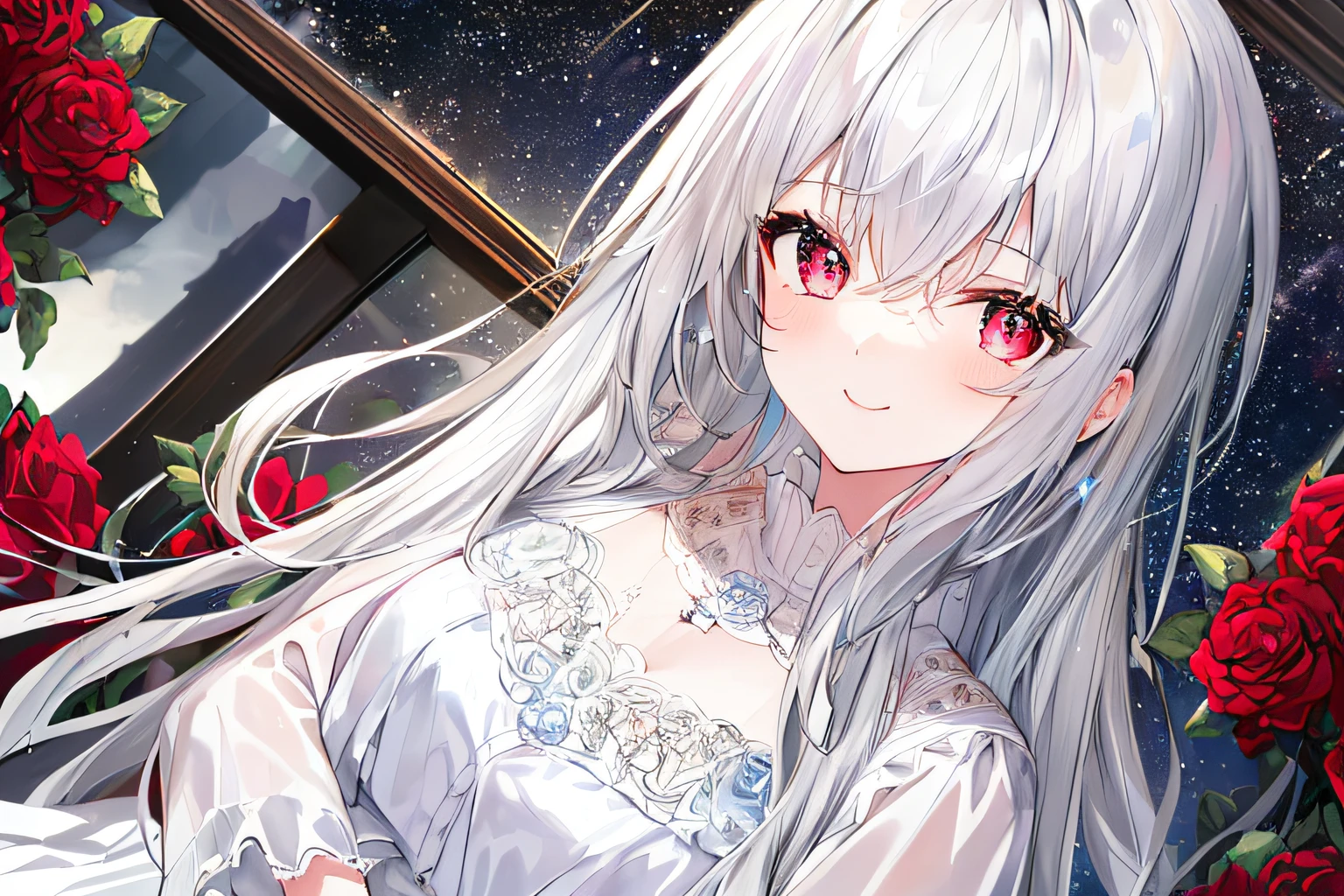 1girl, full body, denim photo, (Rembrandt), illustration, (masterpiece), (best quality), (ultra_detailed), finely detail, (Depth of field), , glove, long hair, star\ (symbol\), looking at viewer, (silver hair:1.2), red eyes, upper body, hair ornament, :p, frills, pink shirt, smile, sleeveless, shirt, idol, symbol-shaped pupils, hands up, brags smile, sleeveless, shirt, idol, symbol-shaped pupil, bangs, side up, star-shaped pupils, arms up, skirt pulling, roaring twenties, isometric, From above, the sky, the flowers, the cliffs,