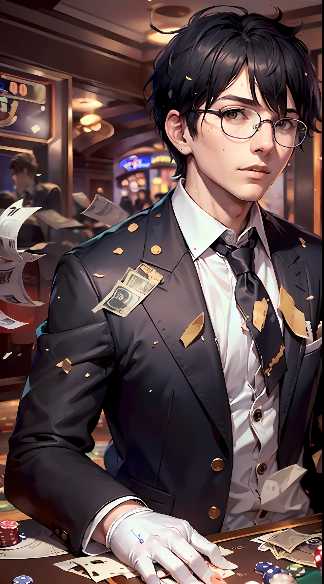 Men, round metal frame glasses, luxury casino background, (white stand up collar shirt, black long blazer, décor tie, white gloves: 2), black hair, short hair, (dropped bills: 20), (scattered chips: 10), (spilled bills: 30)