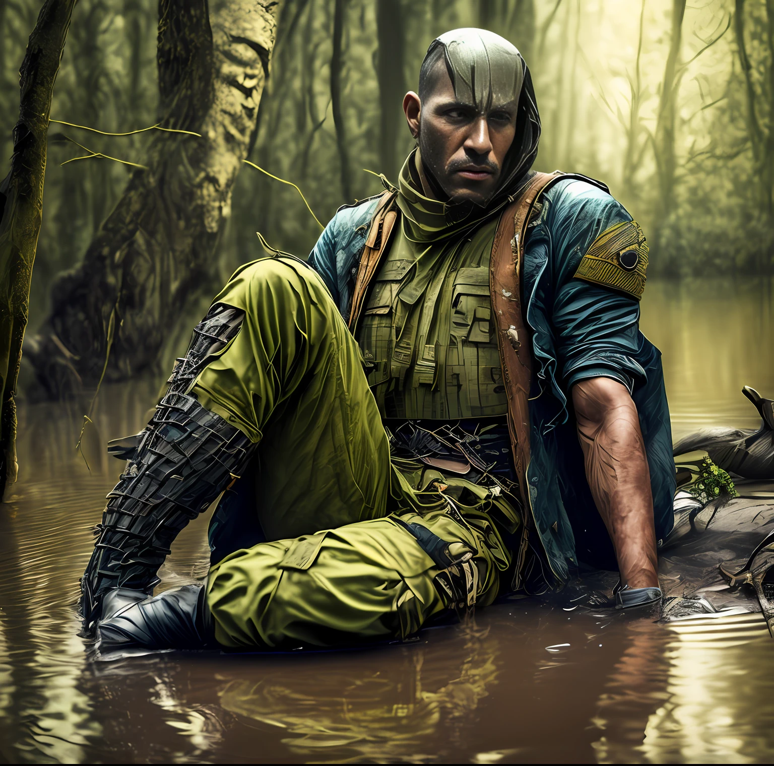 War in a swamp, painful expression, soldier in futuristic costume, sitting, wounded in one leg, masterpiece, details
