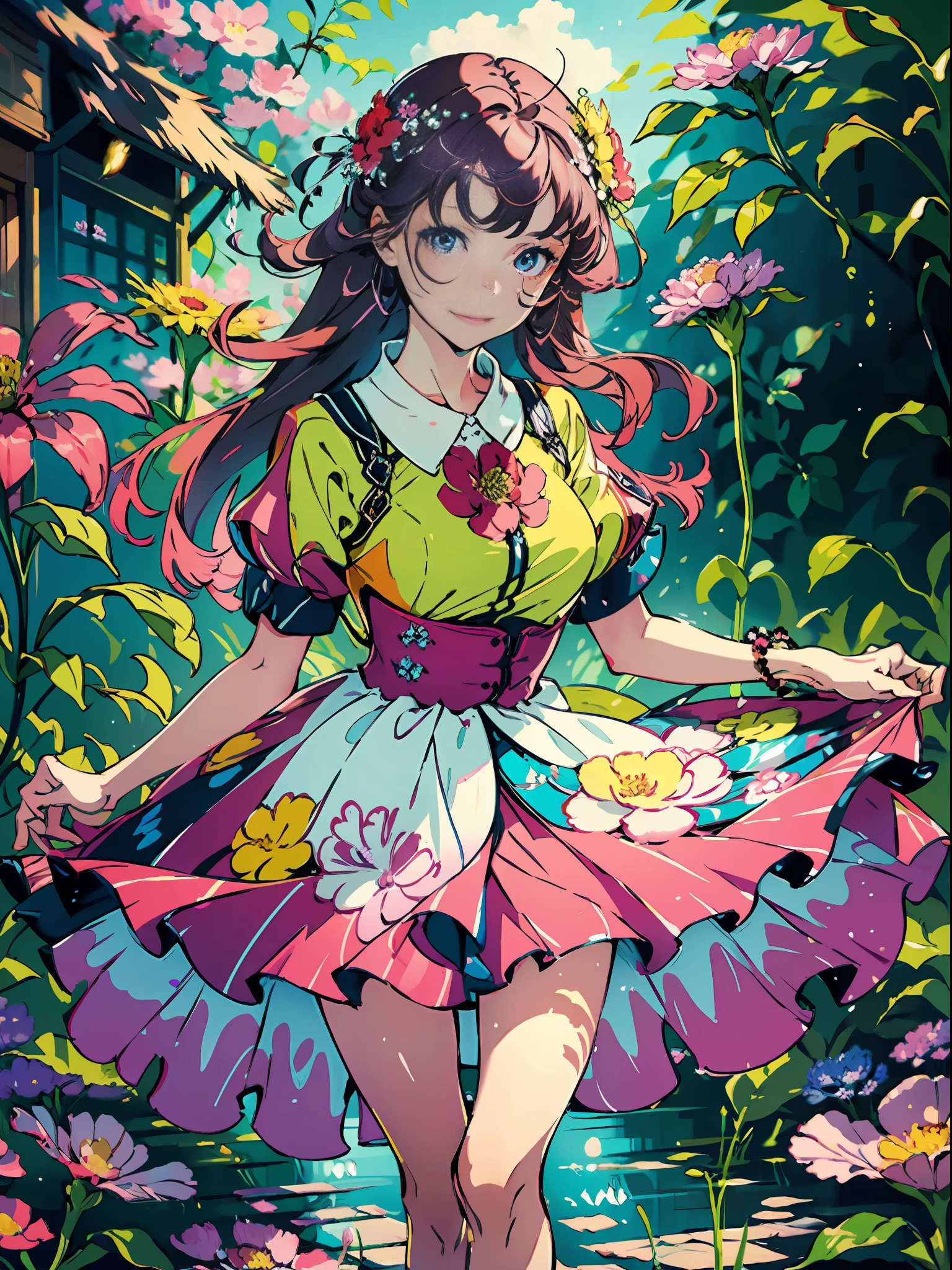 A girl dressed in a vibrant and colorful outfit, wearing a pleated skirt that sways with every step she takes. The artwork showcases her joyful and playful personality as she stands amidst a colorful array of blooming flowers. Her outfit features a mix of bright and cheerful hues, reflecting her vibrant spirit. The pleated skirt adds a touch of elegance and movement to her ensemble, creating a sense of whimsy. The scene is adorned with an abundance of flowers, filling the air with their sweet fragrance and vibrant colors. The combination of the girl's colorful attire and the surrounding blooms creates a visually captivating and cheerful image.