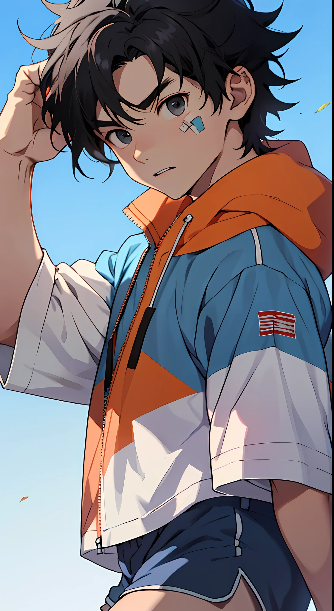(Best quality: 1.0), 8K, anime boy, round face, short black hair, black eyes, blue sky background, fashion outfit, facing the camera, blue shorts, shy, band-aid on face,