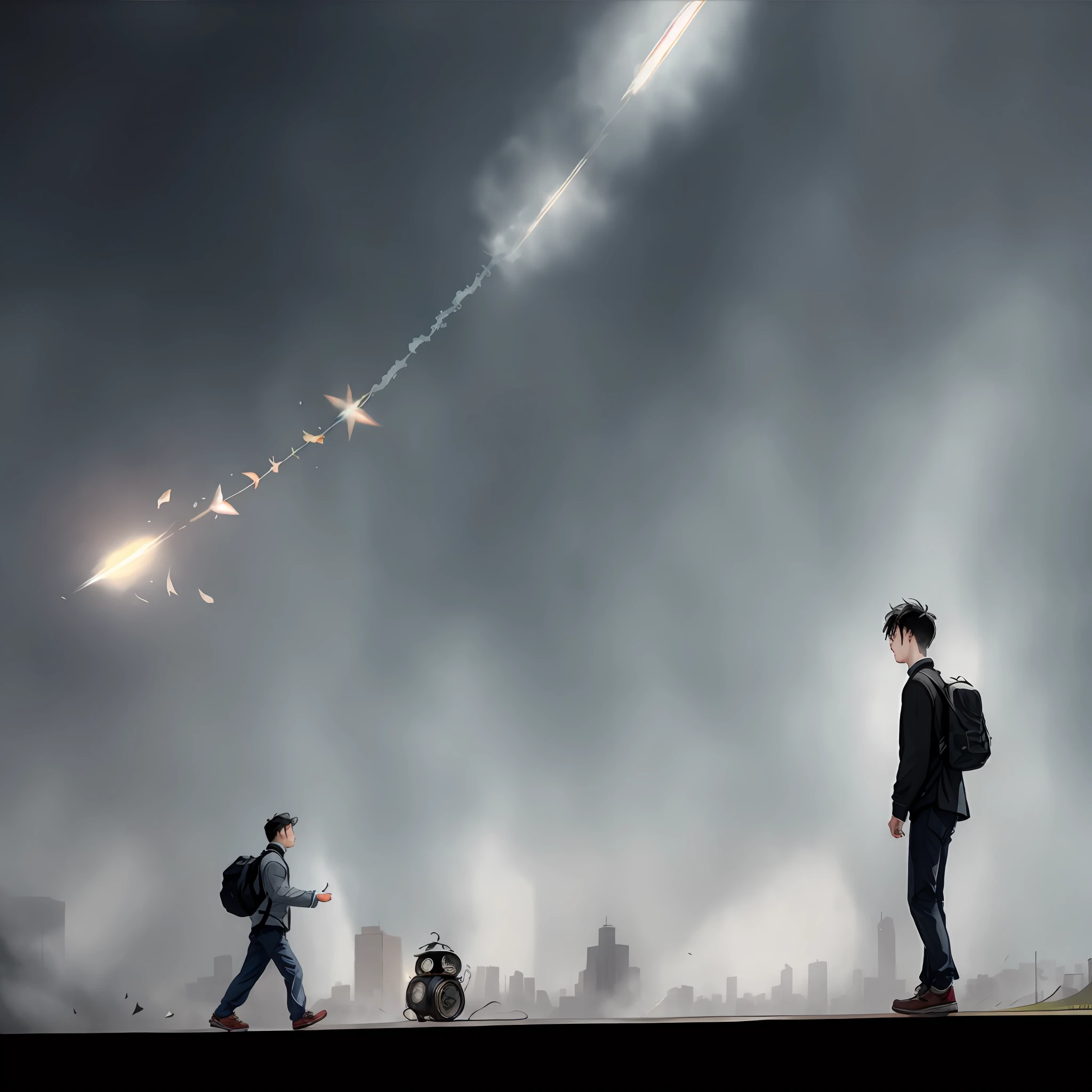 At the end of the street, a young man (Xiaoming) was hurriedly walking by, and suddenly he noticed a flash of light falling from the sky, and a time machine appeared in front of him.