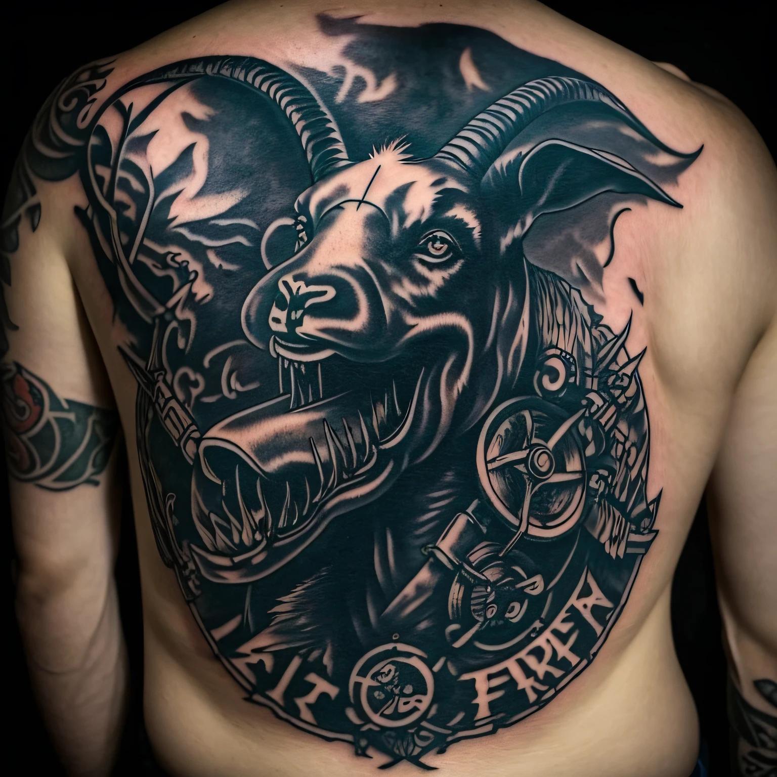 Black face tattoo of a goat mixed with a 2-cylinder v-style harley davison engine, old school tattoo, sounds of anarchy style motorcycle club patch --auto