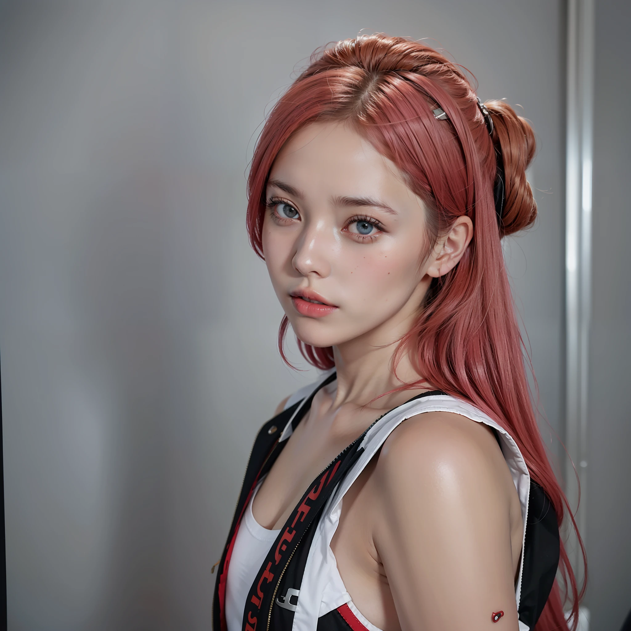 8K, Best Quality, Masterpiece, Ultra High Resolution, (Fealism: 1.4), Original Photo, (Realistic Skin Texture: 1.3), (Film Grain: 1.3), (Selfie Angle), 1 Girl with sword, Beautiful Eyes and Original Cute Face, Masterpiece, Best Quality, Close-up, Upper Body, Looking at the Viewer, pink hair