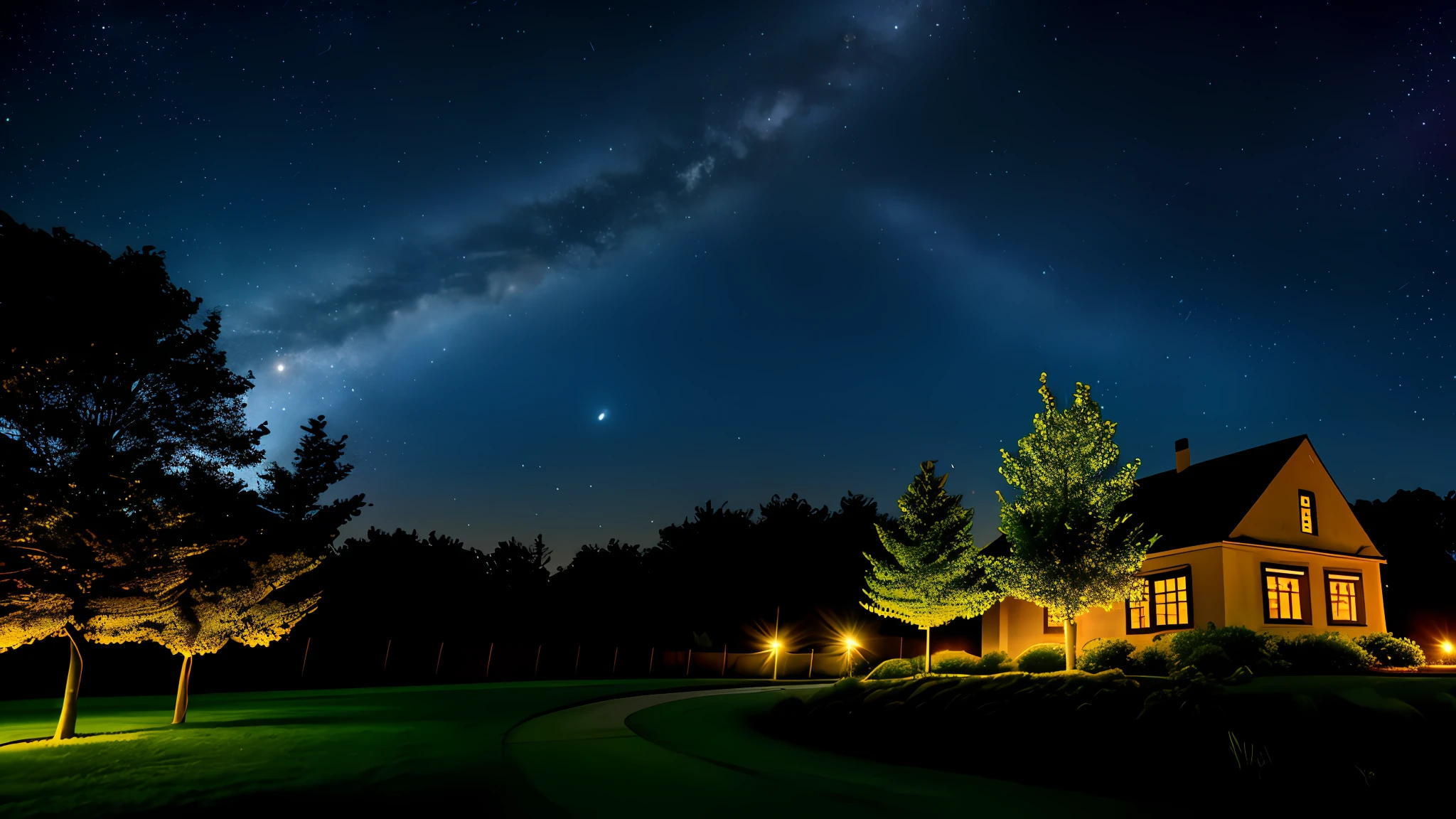 octanes, sky, star (sky), landscape, starry sky, night, night sky, solo, outdoor, building, cloud, milky way, tree, city, cityscape